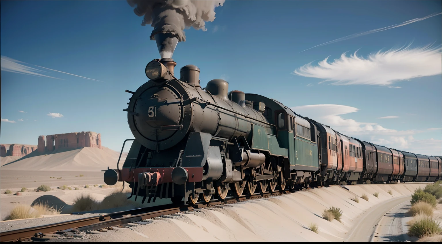 there is a train that is on the tracks in the desert, train, steam train, steam engine, locomotive, depicted as a 3 d render, gothic locomotive, semi - realistic render, rendered in cgi, rendered in arnold engine, detailed render, highly detailed render, steam trains, rendered in blender, photo realistic render, rendered art, pre-rendered