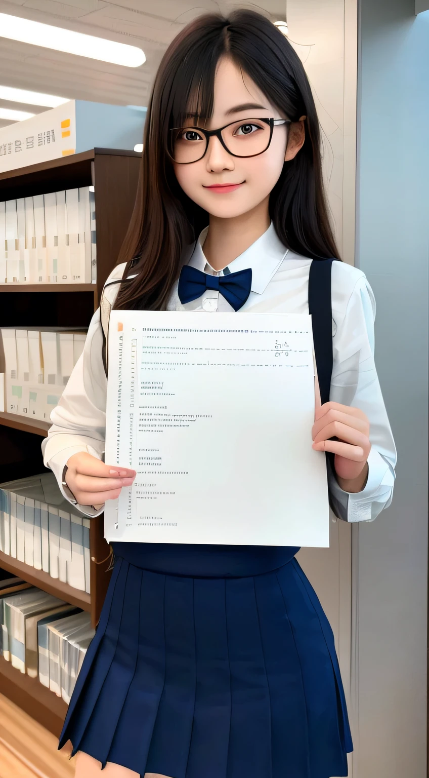 Masterpiece, best quality, extremely detailed CG Unity 8k wallpaper,
A beautiful girl dressed in a school outfit, youthful and energetic
High school student, glasses, holding an A4 white paper in both hands, full of passion
Library, Detailed Background,