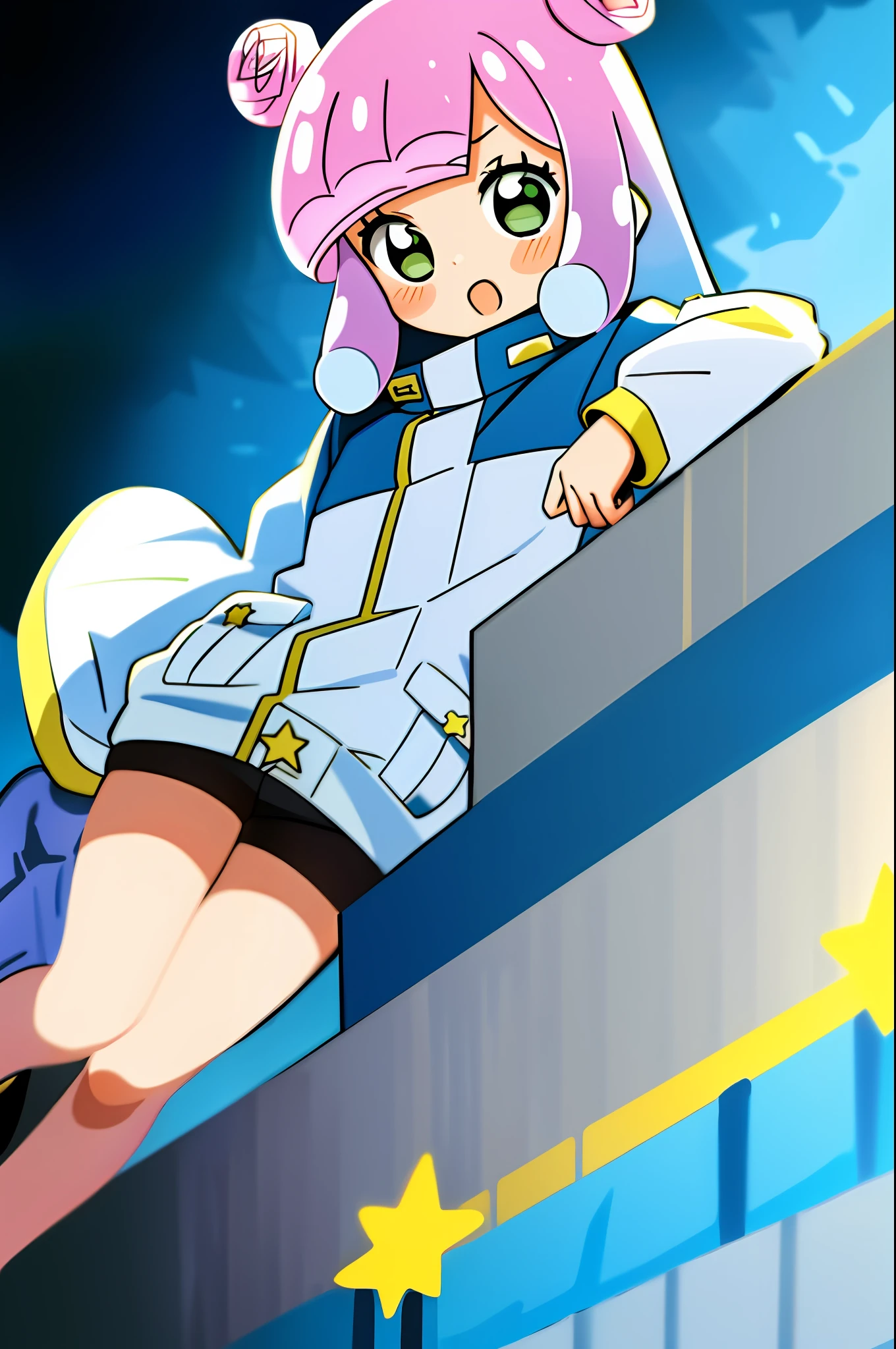 masterpiece, best_quality, 1girl, solo, puniru \(puniru wa kawaii slime\), puniru wa kawaii slime, gradient hair, bangs, green eyes, double bun, mini hat, in a pool