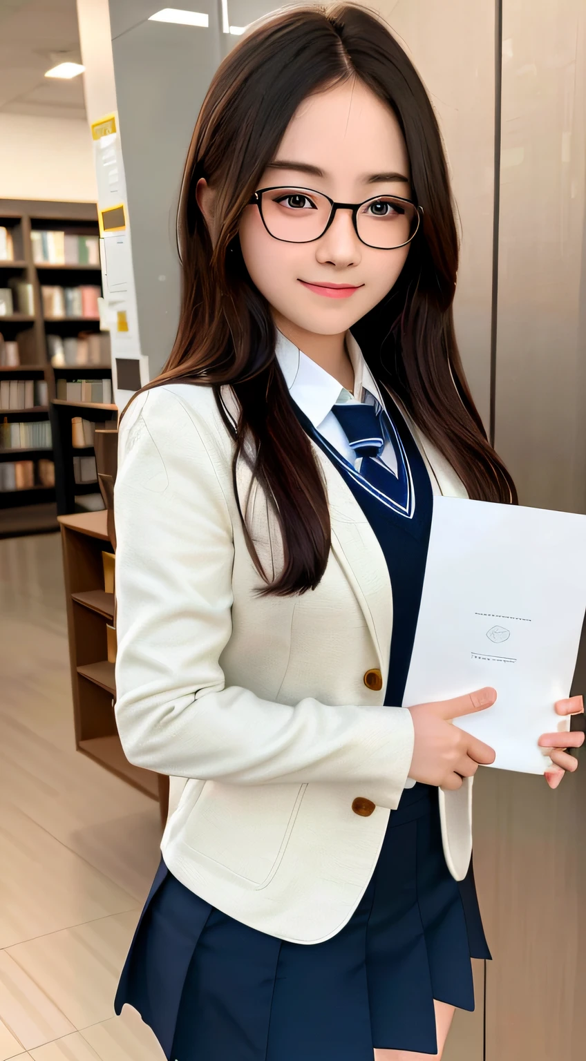 Masterpiece, best quality, extremely detailed CG Unity 8k wallpaper,
A beautiful girl dressed in a school outfit, youthful and energetic
High school student, glasses, holding an A4 white paper in both hands, full of passion
Library, Detailed Background,