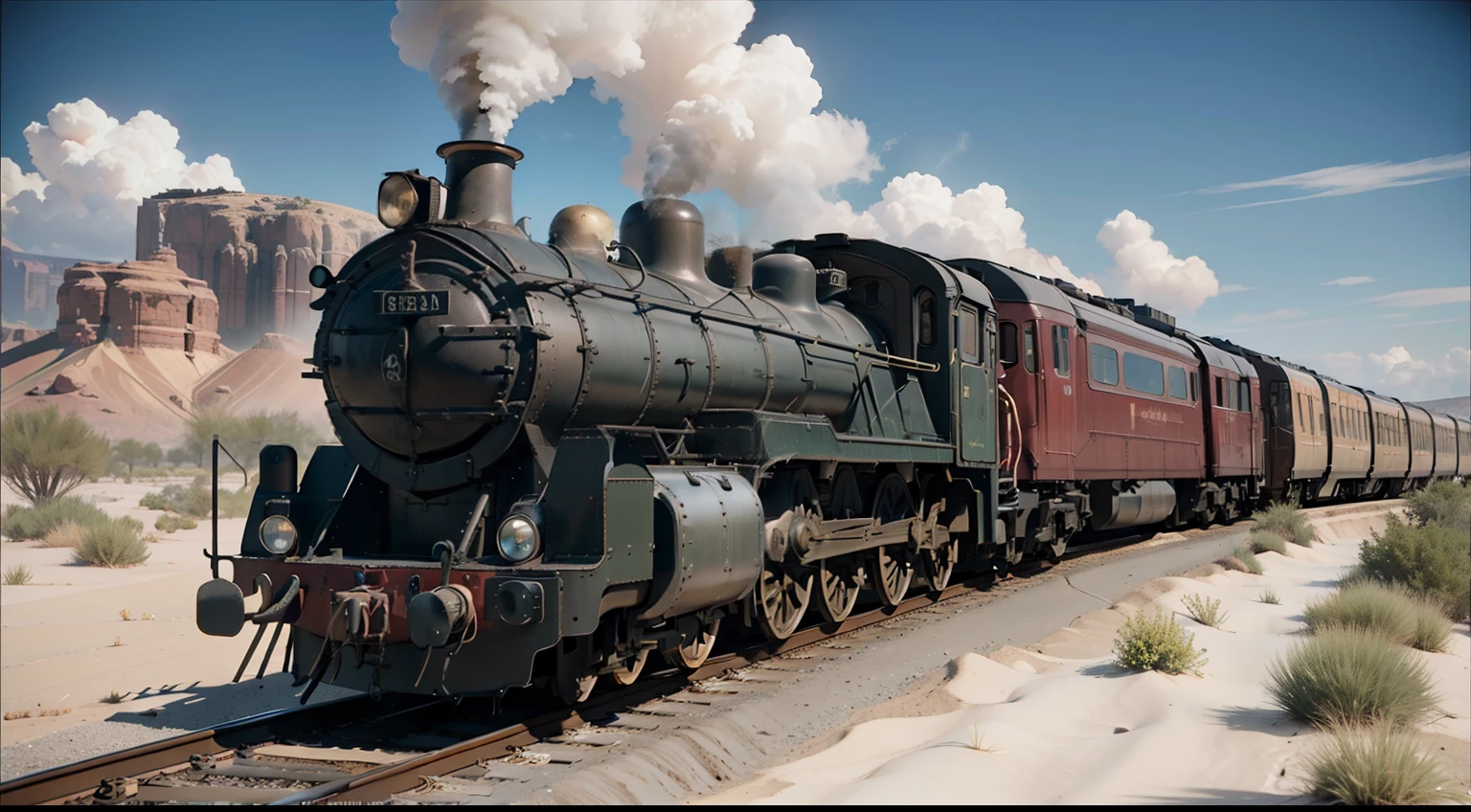 there is a train that is on the tracks in the desert, train, steam train, steam engine, locomotive, depicted as a 3 d render, gothic locomotive, semi - realistic render, rendered in cgi, rendered in arnold engine, detailed render, highly detailed render, steam trains, rendered in blender, photo realistic render, rendered art, pre-rendered