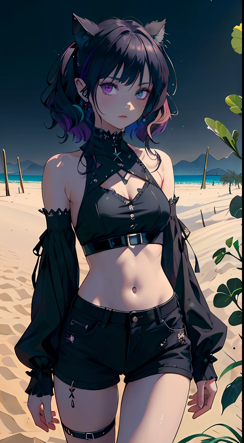 ((4k,masterpiece,best quality)), roses, gothic, black, dark clothes, black outfit, maxiskit, belly showing, mini shorts, jean shorts
1 girl, woman, solo, purple multicolored hair, elf, long ears, (desert, sand, dunes, refraction effect, sun)) look at viewer, tease,onee-shota,