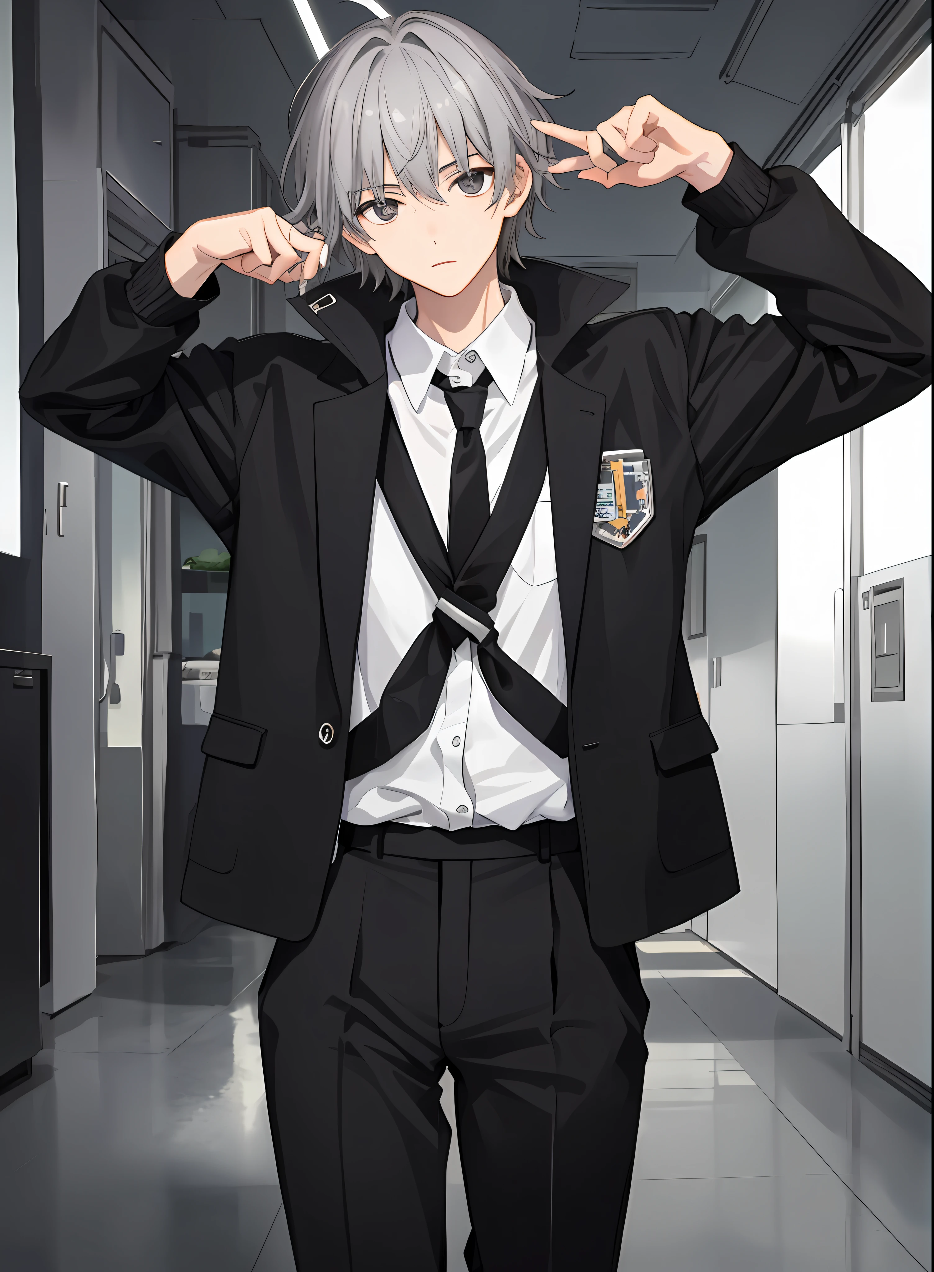17 year old male, gray hair black eyes, modern school uniform, alone