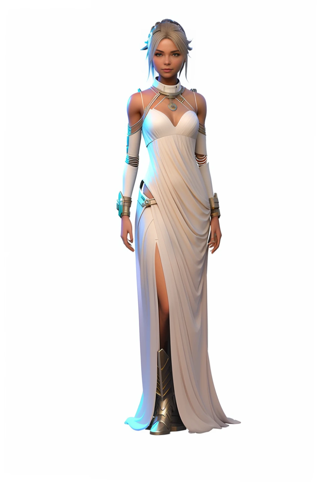 There are no wrinkles on the clothes,Kevlar material,futuristic clothes, supernova dress, bare arms, bare palms, sleeveless shirt, full body, 1 girl, space opera-style costume, pale skin, sci-fi minimalist evening dress, white plastic, diffuse light, fantasy, no helmet, absurd, dune, quality, (masterpiece: 1.4), super detailed, 1 girl, stand up, 2023 fashion, supernova dress, there is a hollow in the middle of the dress, Hollow with light tulle, shiny light bar on clothes, bare arms, bare palms, sleeveless shirt, full body, 1 girl, in space opera-style costume, pale skin, simple evening dress with sci-fi feel, white plastic, diffuse lighting, sacred goddess, fantasy, no helmet, absurd, dune, mass, (masterpiece: 1.4), super detailed, 1 girl, stand up, 2023 fashion,