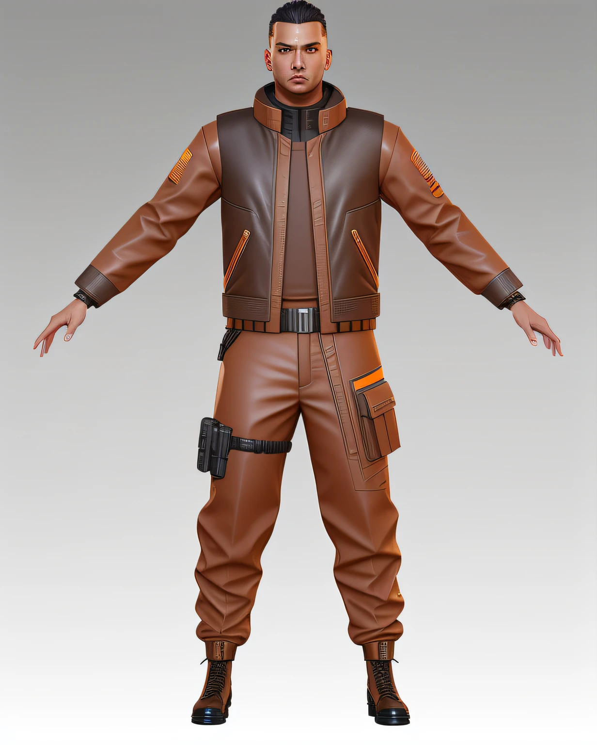 In the cyberpunk scene, people in brown costumes, close-ups of guns, 3D rendering full details, stylized military uniforms full of sense, ultra-detailed full-body shooting, highly detailed digital characters, detailed clothes, pants plus some equipment, technology.