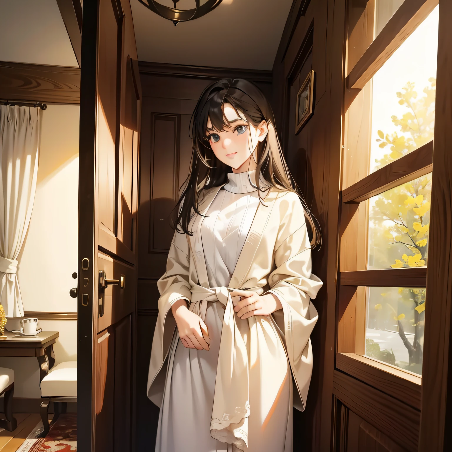 Masterpiece, official art, 8k, best quality, highly detailed, calm atmosphere, warm and cozy, inviting posture:1.2

In this image, a woman stands at the doorway of a room, looking calm and relaxed. The atmosphere is warm and cozy, inviting the viewer into the space. The woman’s posture is open and welcoming, suggesting that she is happy to receive visitors:1.2.

The room itself could be depicted in detail, with warm lighting, comfortable furniture, and inviting colors. The woman could be dressed in comfortable clothing, such as a cozy sweater or a soft robe. The fine details of the image, such as the texture of the woman’s clothes or the pattern of the carpet, would add to the sense of realism and warmth. Overall, the image would convey a sense of comfort and relaxation, inviting the viewer to enjoy a moment of peace and tranquility in the cozy space.