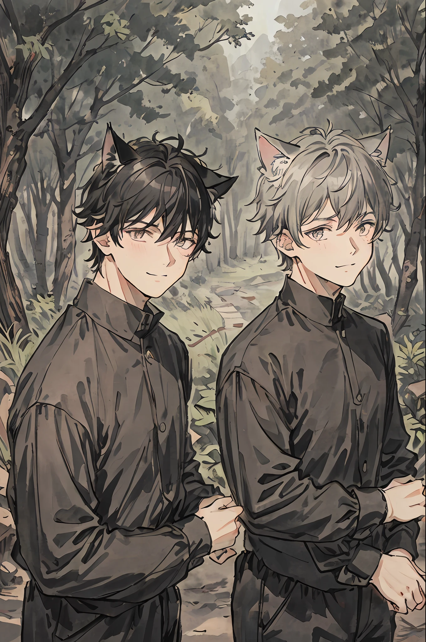 Masterpiece, Superb Quality, 2 Boys, Brunet, Gray Hair, Smile, Cat Ears, Upper Body, 2 18 Year Old Boys, 2 Boys Now Together, Forest, Black Casual Wear