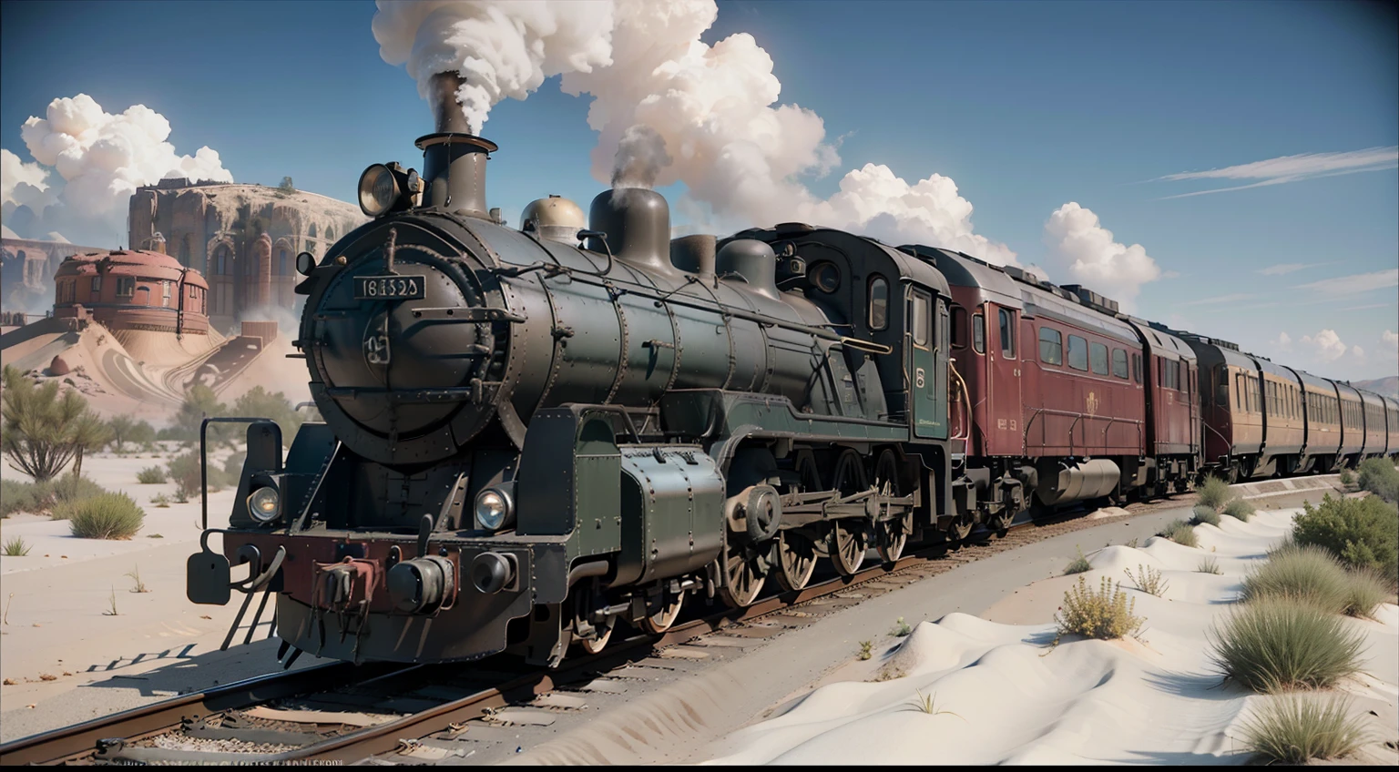 there is a train that is on the tracks in the desert, train, steam train, steam engine, locomotive, depicted as a 3 d render, gothic locomotive, semi - realistic render, rendered in cgi, rendered in arnold engine, detailed render, highly detailed render, steam trains, rendered in blender, photo realistic render, rendered art, pre-rendered
