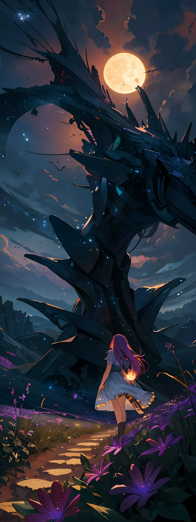 expansive landscape photograph , (a view from below that shows sky above and open field below), a girl standing on flower field looking up, (full moon:1.2), ( shooting stars:0.9), (nebula:1.3), distant mountain, tree BREAK
production art, (warm light source:1.2), (Firefly:1.2), lamp, lot of purple and orange, intricate details, volumetric lighting BREAK
(masterpiece:1.2), (best quality), 4k, ultra-detailed, (dynamic composition:1.4), highly detailed, colorful details,( iridescent colors:1.2), (glowing lighting, atmospheric lighting), dreamy, magical, (solo:1.2)