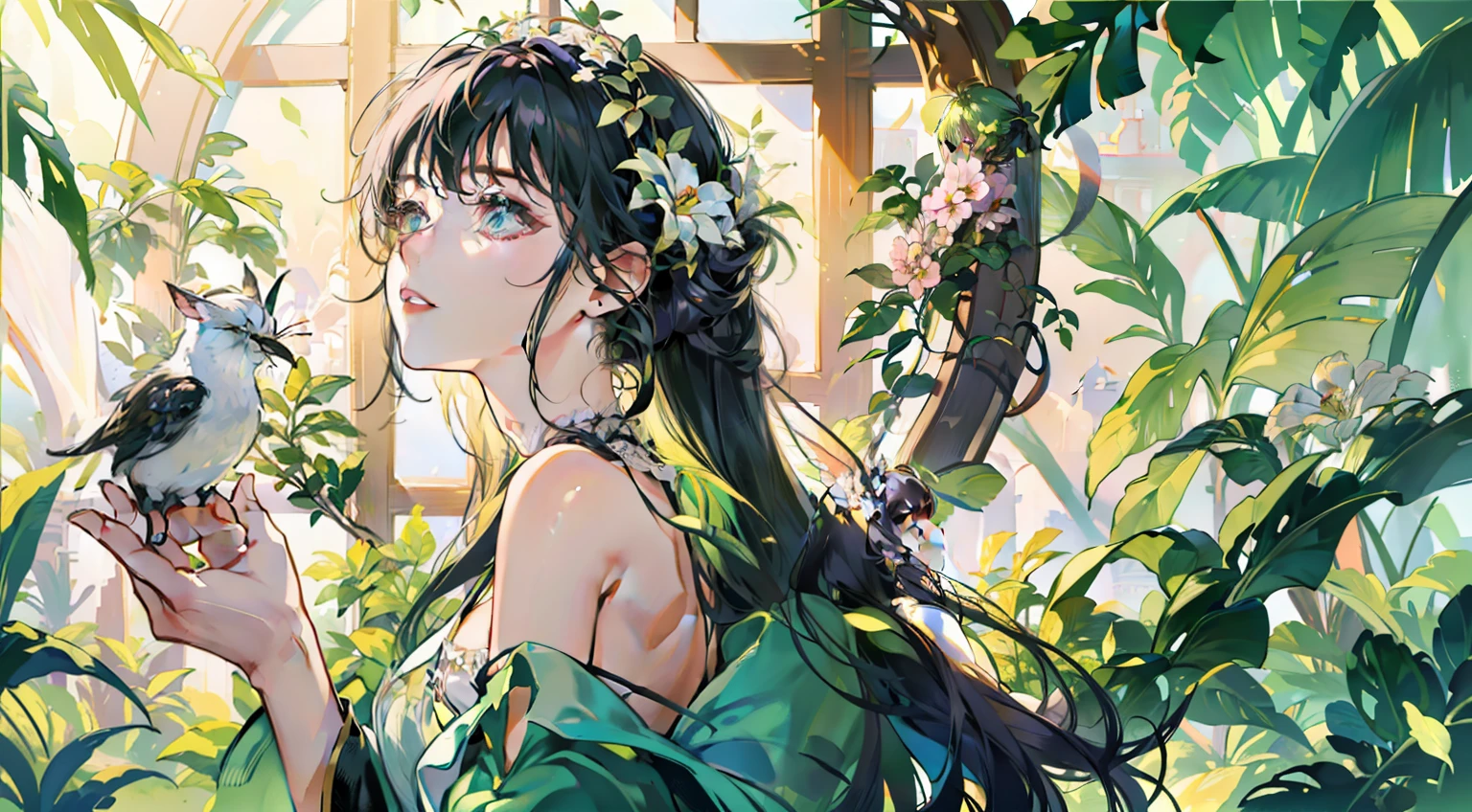 (extremely detailed CG unity 8k wallpaper, masterpiece, best quality, ultra-detailed), (best illumination, best shadow, an extremely delicate and beautiful), flower garden, lush greenery, sunlight streaming through, depth of field, warm and inviting ambiance.