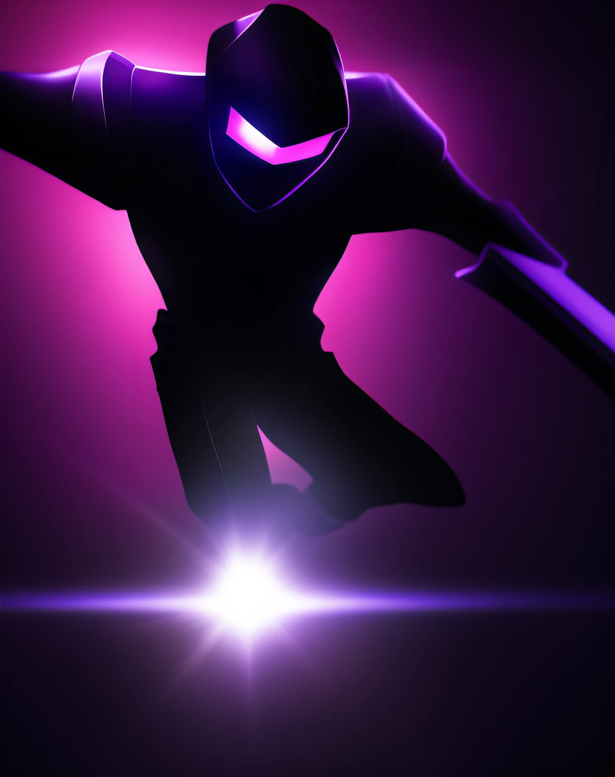 The enderman in Minecraft is in the dark, his body cracks and eyes glowing purple, and the purple eyes in the picture are glaring angrily ahead, and his arms are punched forward