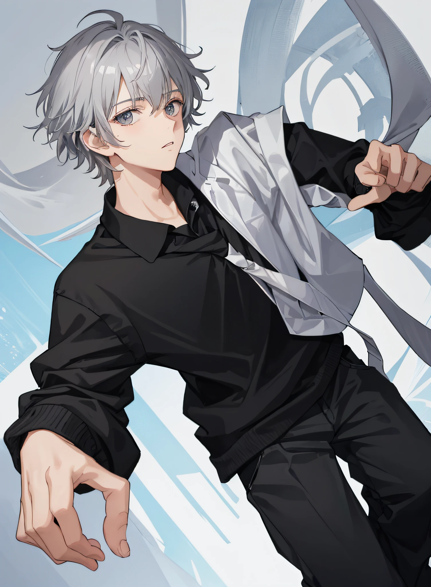 male, gray hair black eyes, modern school uniform, alone