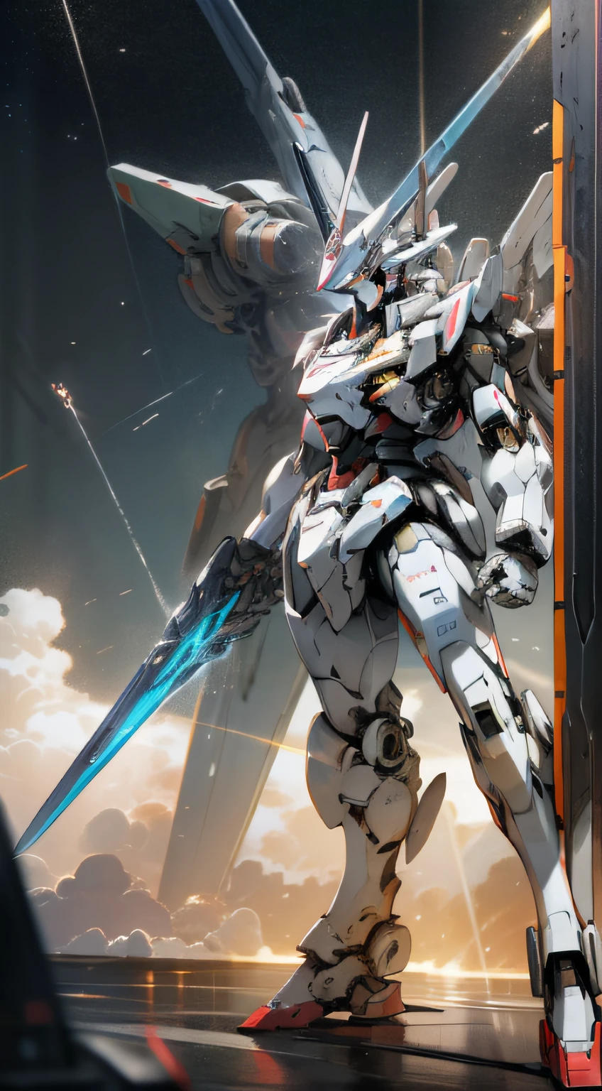Surrealism, ray tracing, UHD, high details, 8k, best quality, textured skin, Gundam mech, mech ship, masterpiece, best quality, mecha, unmanned, (full body), (white mech: 1.8), (axisymmetry: 1.4), (HDR), (movie light: 1.1), white eyes, cool, science fiction, fire, laser cannon beam, war, conflict, Space looking down on the background of the earth with weapons in hand, (holding huge weapons: 1.5), holding oversized shields, mecha men,