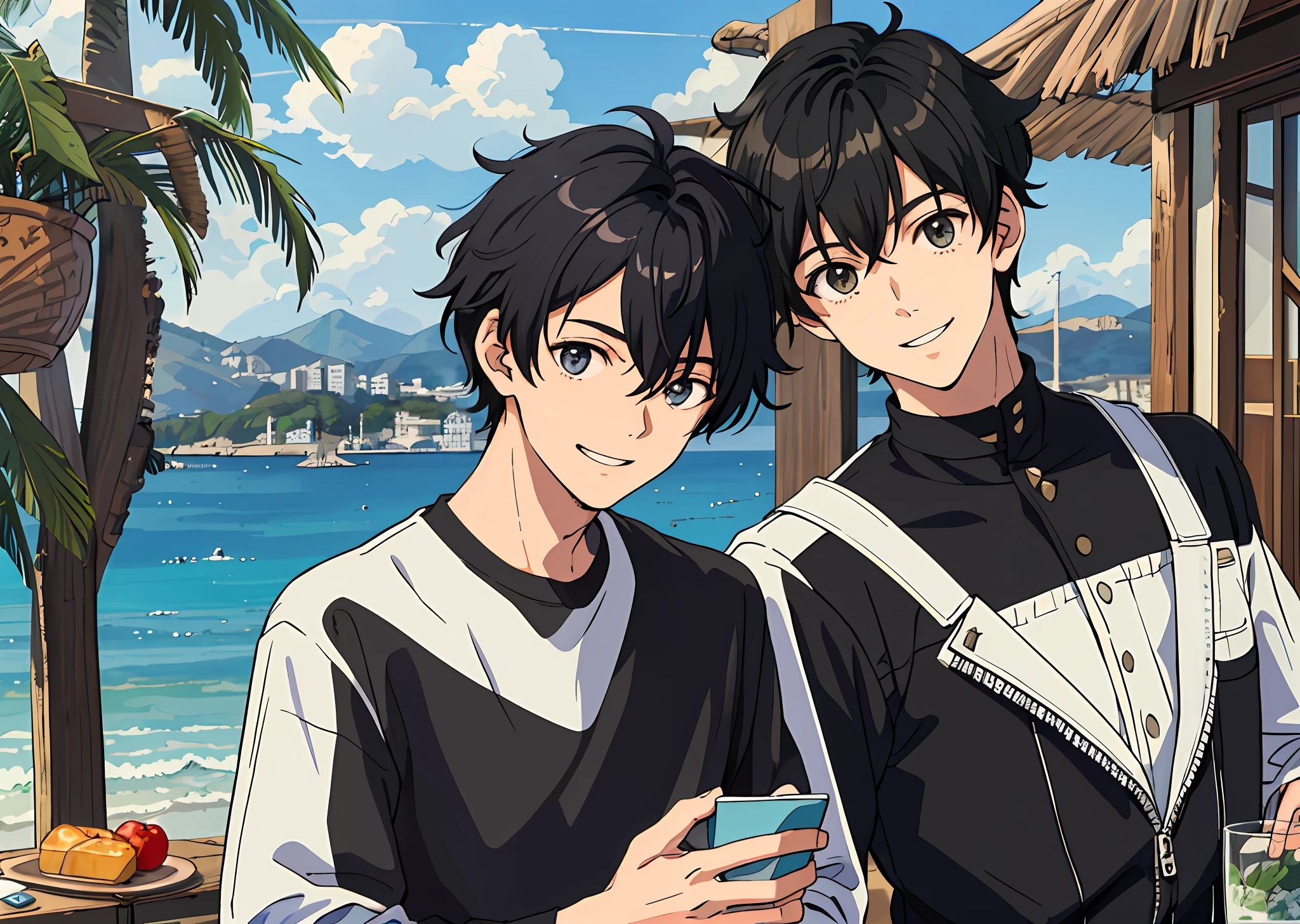 (Masterpiece, best quality), 2 boys, cat ears, a boy with black hair and a boy with only one hair, black casual clothes, upper body, smiling, seaside, 2 boys aged 18, handsome