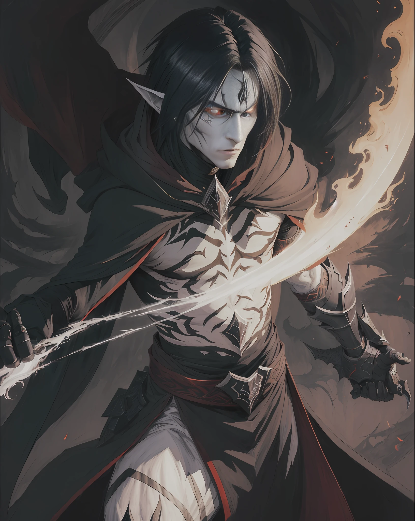 (masterpiece, very detailed context:1.3) (Devil Man Orochimaru:0.8) (s--2000:0.8) generate an image of a dark male elf assassin named Sylrath Nightshade. (captivating and intimidating beauty: 1.2), (pale skin: 1.1).He possesses a captivating yet intimidating beauty, with pale skin akin to the moon's glow and long, flowing ebony hair framing his angular face. His deep purple eyes shimmer with a mysterious light, highlighting his magical heritage. Dressed in sleek black armor adorned with intricate dark patterns, he exudes an air of sinister elegance. (male)Facing his prey levitating in the air, the figure in black stands before him, his cloak floating behind him and a hood over his head.  A tribal mark graces his right arm, symbolizing his allegiance to the forces of darkness. With a blend of grace and lethality, Sylrath moves with silent agility, armed with sharp daggers, lethal poisons, and an elegant bow for ranged attacks. This prompt is an invitation to conjure an image of Sylrath Nightshade, the embodiment of an Elfe Sombre assassin, with all his captivating and shadowy features. Noir detective genre, highly detailed, digital painting, artstation, concept art, smooth, sharp focus illustration, ArtStation HQ ,masterpiece|best quality|ultra-detail|high resolution|dynamic|floating,en)