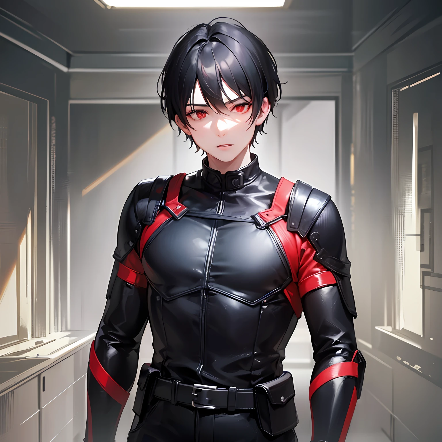 "Young man with short black hair, red eyes, wearing a black jumpsuit, in a room full of objects: ultra-detailed details of the scene, dynamic and realistic lighting, dark colors, long depth of field, realistic textures, cinematic style."