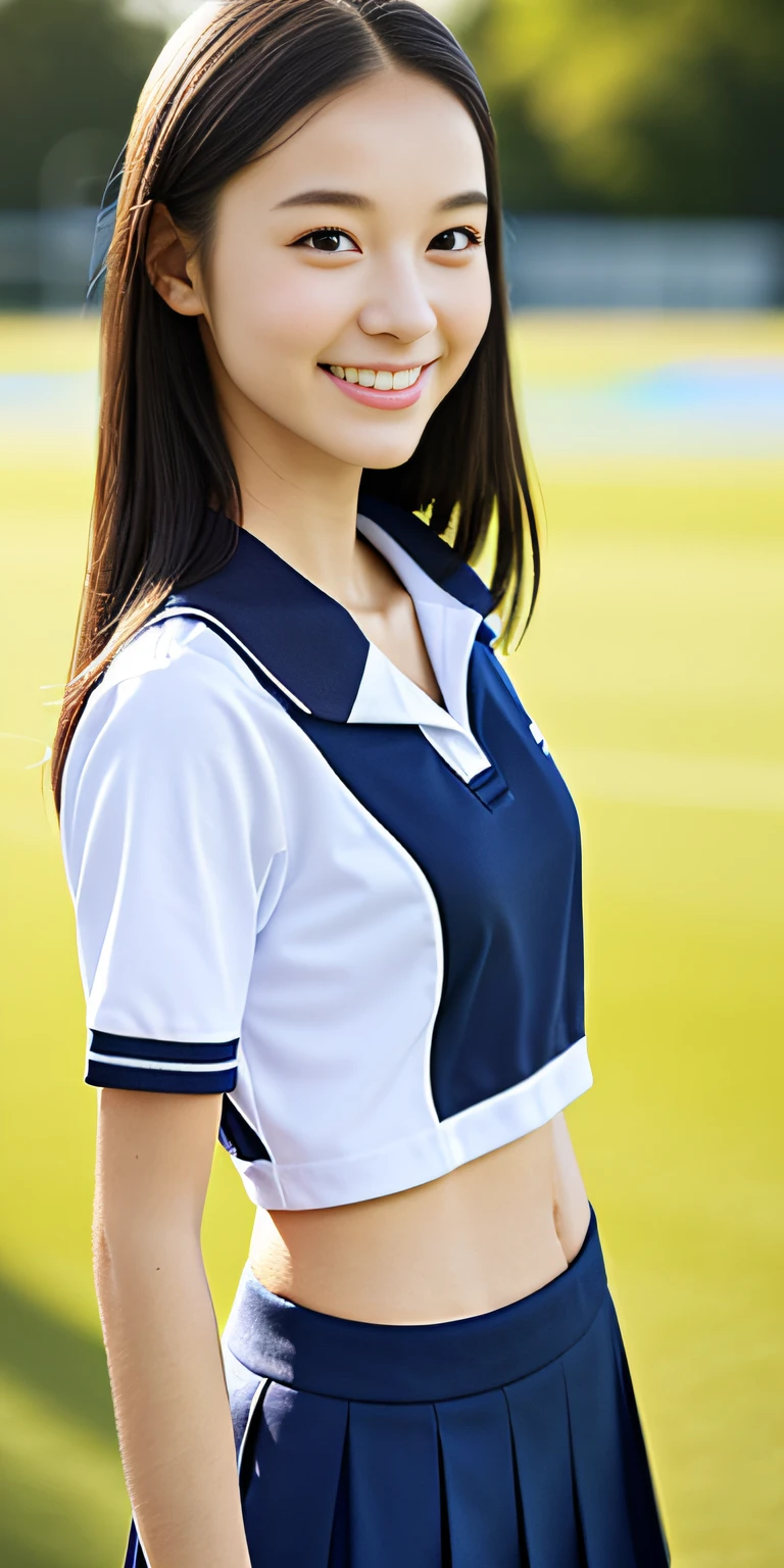 neat college girl, ite person, (school uniform, summer clothes, short sleeves, shirt), outside the athletic field, (slim), photorealistic, detail, skin texture, ultra detail, delicate and sexy collarbone, smile, ultra detailed face, detailed lips, detailed eyes, double eyelids