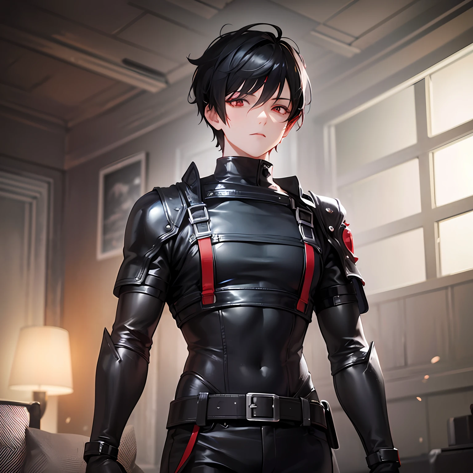 "Young man with short black hair, red eyes, wearing a black jumpsuit, in a room full of objects: ultra-detailed details of the scene, dynamic and realistic lighting, dark colors, long depth of field, realistic textures, cinematic style."
