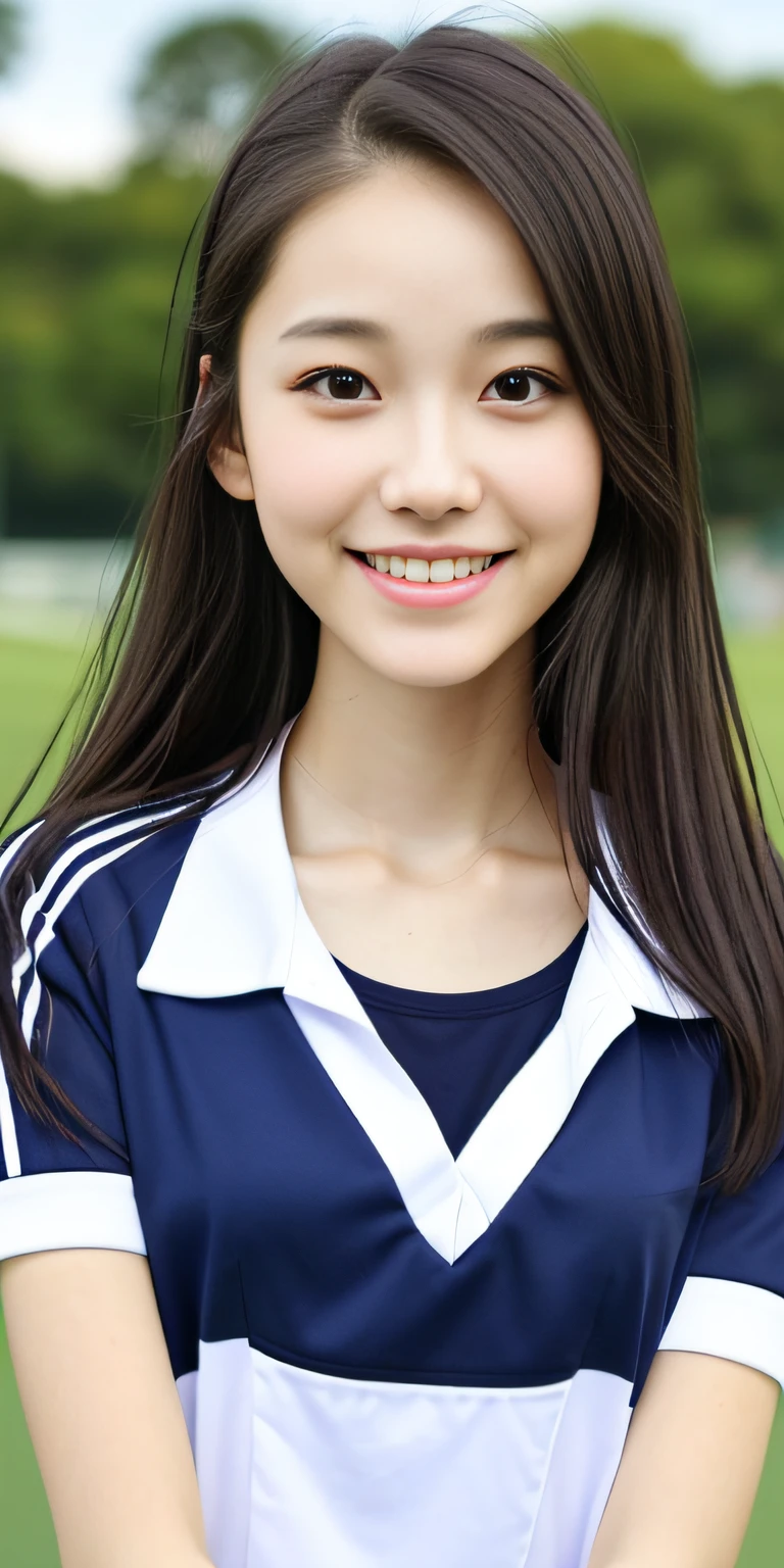 neat college girl, petite person, (school uniform, summer clothes, short sleeves, shirt), outside the athletic field, (slim), photorealistic, detail, skin texture, ultra detail, delicate and sexy collarbone, smile, ultra detailed face, detailed lips, detailed eyes, double eyelids