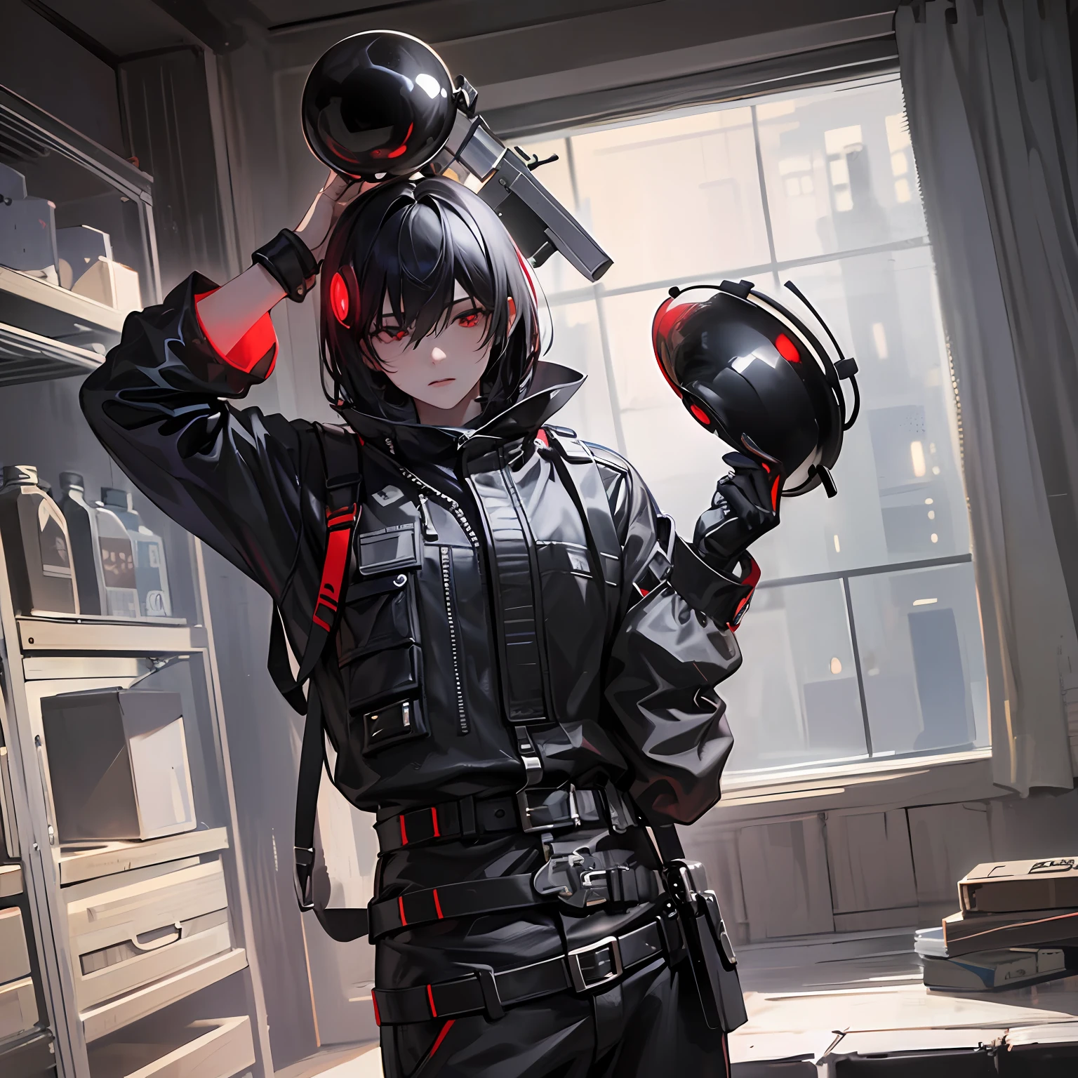 "Young man with short black hair, red eyes, wearing a black jumpsuit, in a room full of objects: ultra-detailed details of the scene, dynamic and realistic lighting, dark colors, long depth of field, realistic textures, cinematic style."