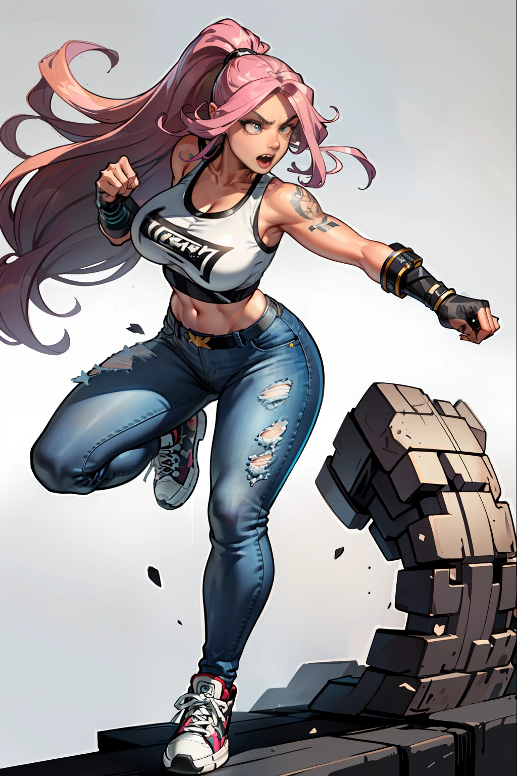 :: JOE MADUREIRA STYLE:: BEAUTIFUL WOMAN perfect and detailed, ultra detailed style clothes with tatoon designs and colors of light pink, black, white and gray, with various full-body attack poses and with immersive effects, hover effect, graphite style background with vibrant colors "ultra hdr" detailed, focus effect, sneakers all star converse black (masterpiece:  1.2, best quality), (finely detailed beautiful eyes: 1.2), extremely detailed hair, depth of field,shot with Canon EOS,lens 135mm f1.8,portrait of [x]((1Girl Kelly Brook Beautiful Woman )),long hair, straight and black YELLOW,with a natural glow and stuck like ponytail ((Solo)), (Ultra detailed eyes:1.4), (Finely detailed eyes and detailed face:1.3), ), (With ULTRA DETAILED jeans and a white t-shirt with full ultra detailed tatoom print:1.3), (Beautiful and clear background:1.2), (Extremely detailed CG, Ultra-detailed, Best Shadow:1.1),("" character with his super power in the right fist")((Depth of field and blur)), ((Watercolor)), Large breasts, Bare shoulders, Flowers and petals, Beautiful conceptual illustration , (white background:0.5),  (Illustration :1.1), (extremely fine and beautiful: 1.1), (perfect details: 1.1) graffiti style background, freedom, screaming VERY LOUD with angry face, digital illustration, perfect anatomy, centered, approaching perfection, dynamic, highly detailed, watercolor painting, artstation, concept art, smooth, sharp focus, illustration, perfect anatomy, centered, approaching perfection, dynamic, highly detailed, character sheet, artstation, concept art,  smooth, sharp focus, illustration, full body shot, character sheet, lightning wave, beautiful anime watercolor painting,