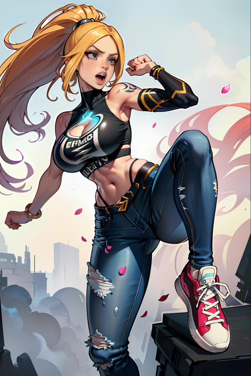 :: JOE MADUREIRA STYLE:: BEAUTIFUL WOMAN perfect and detailed, ultra detailed style clothes with tatoon designs and colors of light pink, black, white and gray, with various full-body attack poses and with immersive effects, hover effect, graphite style background with vibrant colors "ultra hdr" detailed, focus effect, sneakers all star converse black (masterpiece:  1.2, best quality), (finely detailed beautiful eyes: 1.2), extremely detailed hair, depth of field,shot with Canon EOS,lens 135mm f1.8,portrait of [x]((1Girl Kelly Brook Beautiful Woman )),long hair, straight and black YELLOW,with a natural glow and stuck like ponytail ((Solo)), (Ultra detailed eyes:1.4), (Finely detailed eyes and detailed face:1.3), ), (With ULTRA DETAILED jeans and a white t-shirt with full ultra detailed tatoom print:1.3), (Beautiful and clear background:1.2), (Extremely detailed CG, Ultra-detailed, Best Shadow:1.1),("" character with his super power in the right fist")((Depth of field and blur)), ((Watercolor)), Large breasts, Bare shoulders, Flowers and petals, Beautiful conceptual illustration , (white background:0.5),  (Illustration :1.1), (extremely fine and beautiful: 1.1), (perfect details: 1.1) graffiti style background, freedom, screaming VERY LOUD with angry face, digital illustration, perfect anatomy, centered, approaching perfection, dynamic, highly detailed, watercolor painting, artstation, concept art, smooth, sharp focus, illustration, perfect anatomy, centered, approaching perfection, dynamic, highly detailed, character sheet, artstation, concept art,  smooth, sharp focus, illustration, full body shot, character sheet, lightning wave, beautiful anime watercolor painting,