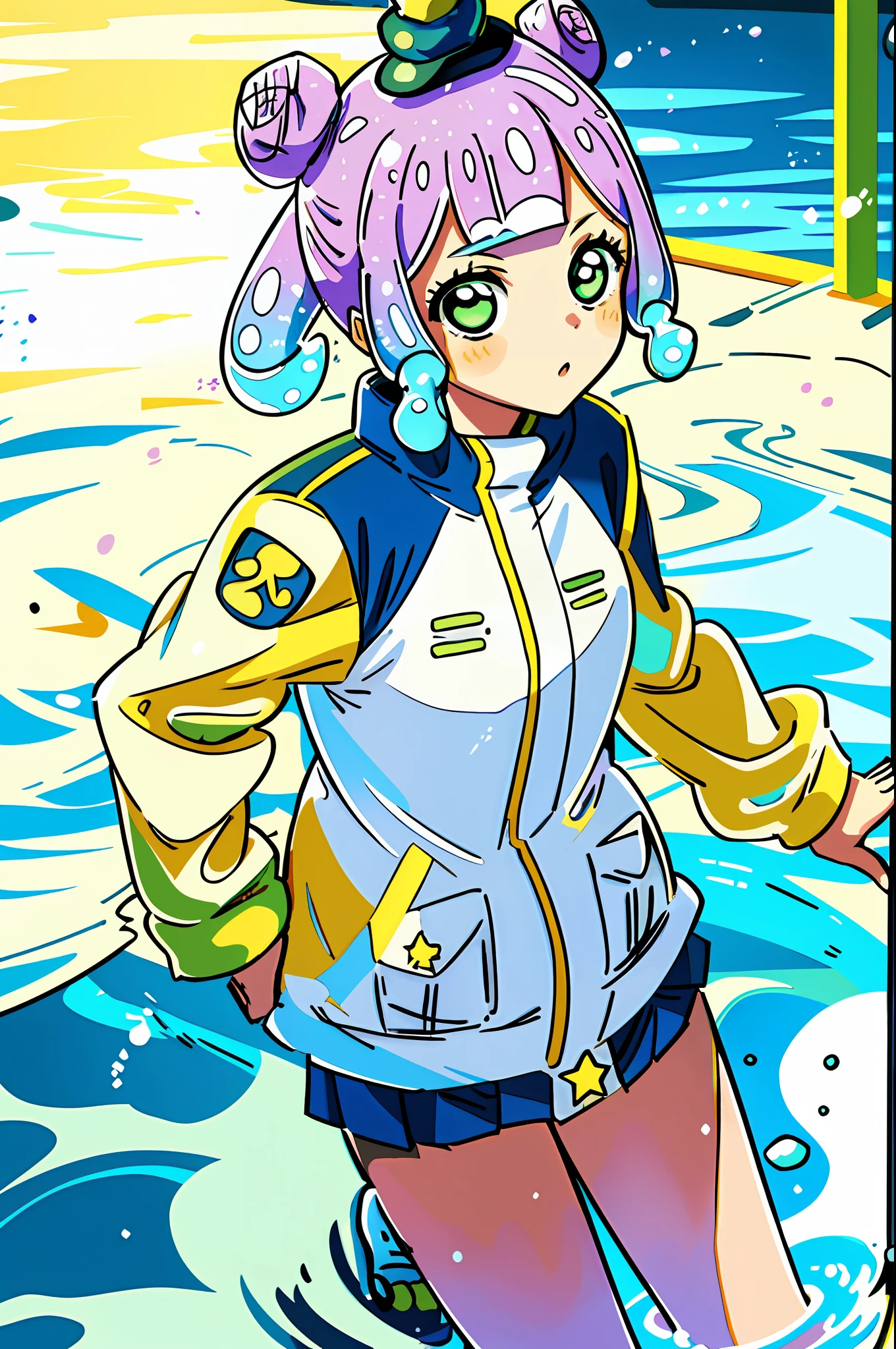 masterpiece, best_quality, 1girl, solo, puniru \(puniru wa kawaii slime\), puniru wa kawaii slime, gradient hair, bangs, green eyes, double bun, mini hat, in a pool
