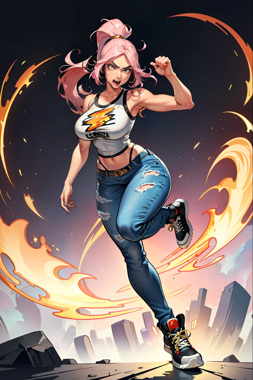 :: JOE MADUREIRA STYLE:: BEAUTIFUL WOMAN perfect and detailed, ultra detailed style clothes with tatoon designs and colors of light pink, black, white and gray, with various full-body attack poses and with immersive effects, hover effect, graphite style background with vibrant colors "ultra hdr" detailed, focus effect, sneakers all star converse black (masterpiece:  1.2, best quality), (finely detailed beautiful eyes: 1.2), extremely detailed hair, depth of field,shot with Canon EOS,lens 135mm f1.8,portrait of [x]((1Girl Kelly Brook Beautiful Woman )),long hair, straight and black YELLOW,with a natural glow and stuck like ponytail ((Solo)), (Ultra detailed eyes:1.4), (Finely detailed eyes and detailed face:1.3), ), (With ULTRA DETAILED jeans and a white t-shirt with full ultra detailed tatoom print:1.3), (Beautiful and clear background:1.2), (Extremely detailed CG, Ultra-detailed, Best Shadow:1.1),("" character with his super power in the right fist")((Depth of field and blur)), ((Watercolor)), Large breasts, Bare shoulders, Flowers and petals, Beautiful conceptual illustration , (white background:0.5),  (Illustration :1.1), (extremely fine and beautiful: 1.1), (perfect details: 1.1) graffiti style background, freedom, screaming VERY LOUD with angry face, digital illustration, perfect anatomy, centered, approaching perfection, dynamic, highly detailed, watercolor painting, artstation, concept art, smooth, sharp focus, illustration, perfect anatomy, centered, approaching perfection, dynamic, highly detailed, character sheet, artstation, concept art,  smooth, sharp focus, illustration, full body shot, character sheet, lightning wave, beautiful anime watercolor painting,