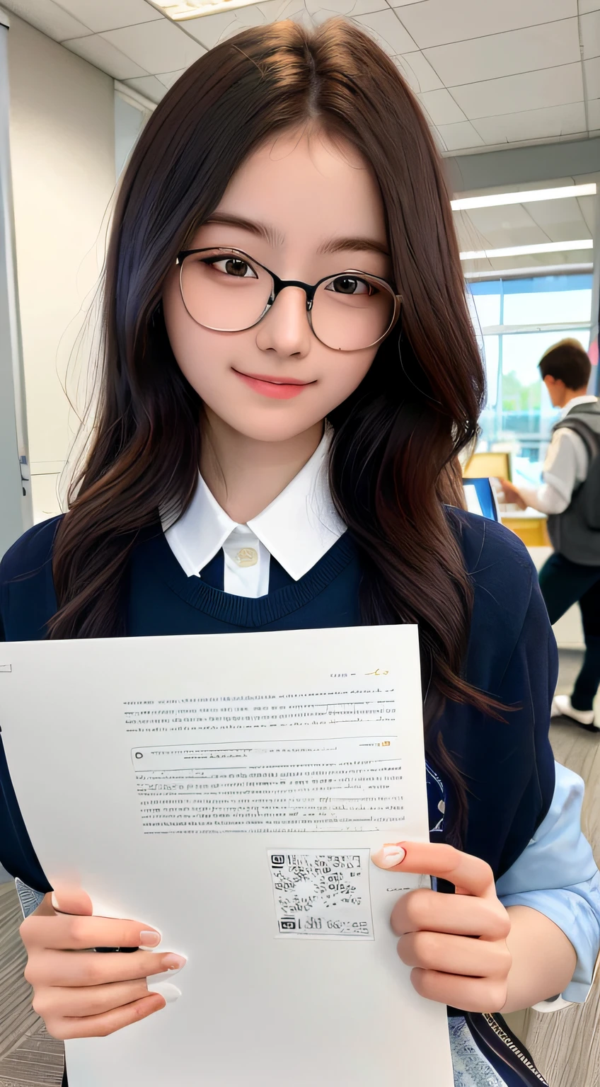 Masterpiece, best quality, extremely detailed CG Unity 8k wallpaper,
A beautiful girl dressed in a school outfit, youthful and energetic
High school student, glasses, holding an A4 white paper in both hands, full of passion
Library, Detailed Background,