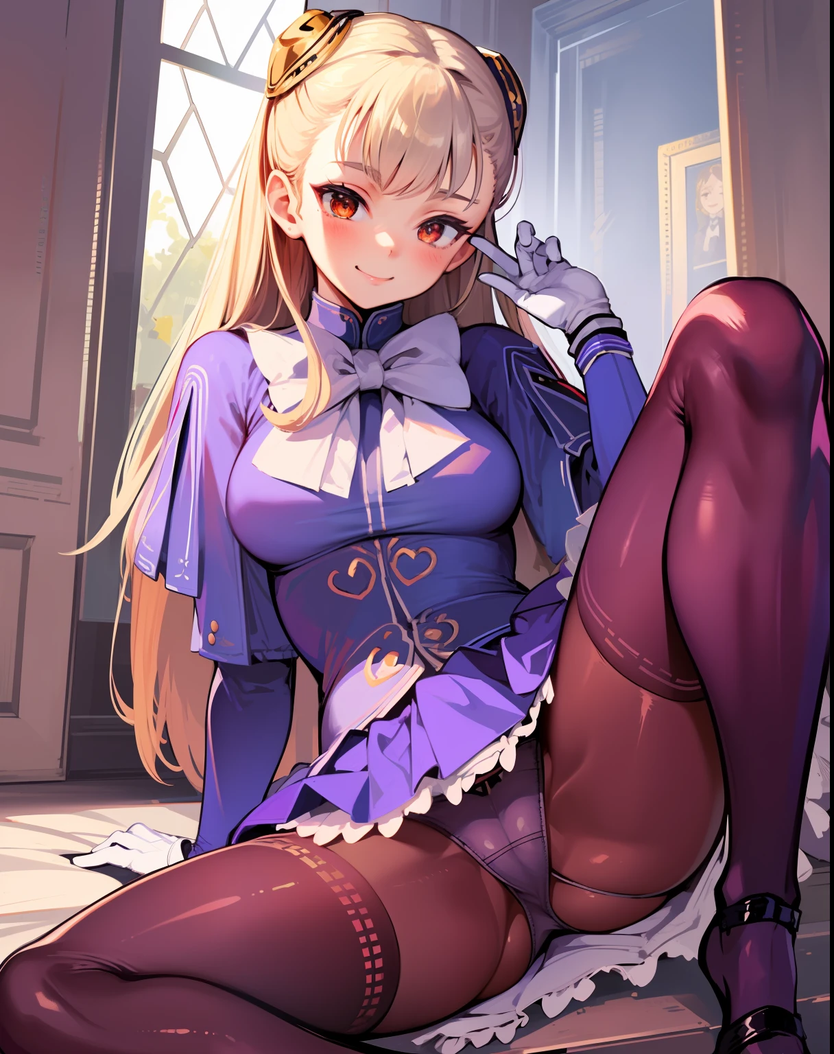 (Masterpiece, Best Quality, High Definition), 1 Girl, Solo, Ingrid, Gloves, Skirt, Pantyhose, Dress,  Smile, (), (Panties), 