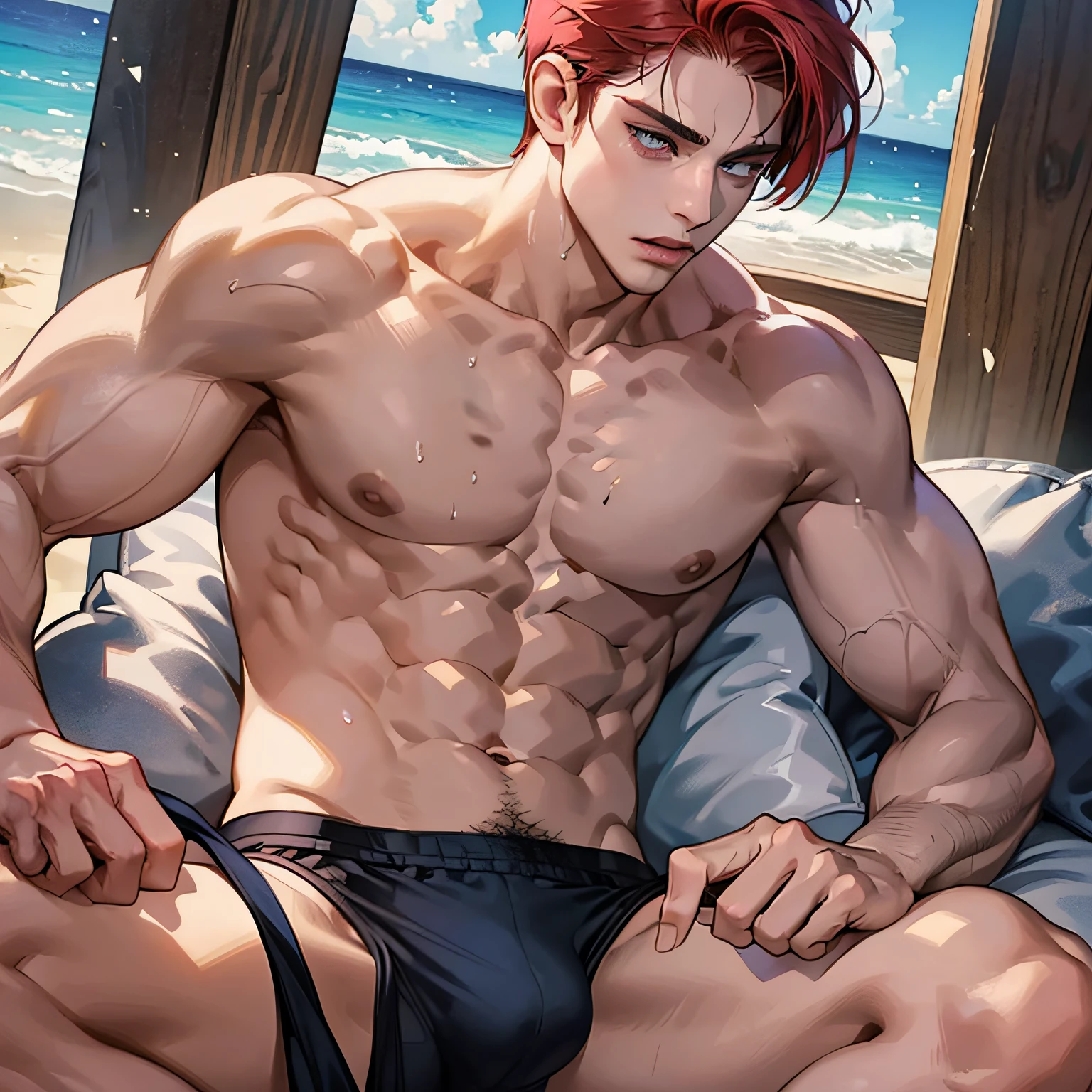 a boy, muscular, crimson red hair, shirtless, extremely sensual body, normal lips, thin pink nose, navy blue eyes, sexy fitness boy, detailed muscles, medium thighs, seductive look, flushed face, ultra realistic, anime, sensual body, ultra-detailed lighting, radiosity, photon lighting, place (beach), wet body, --auto --s2