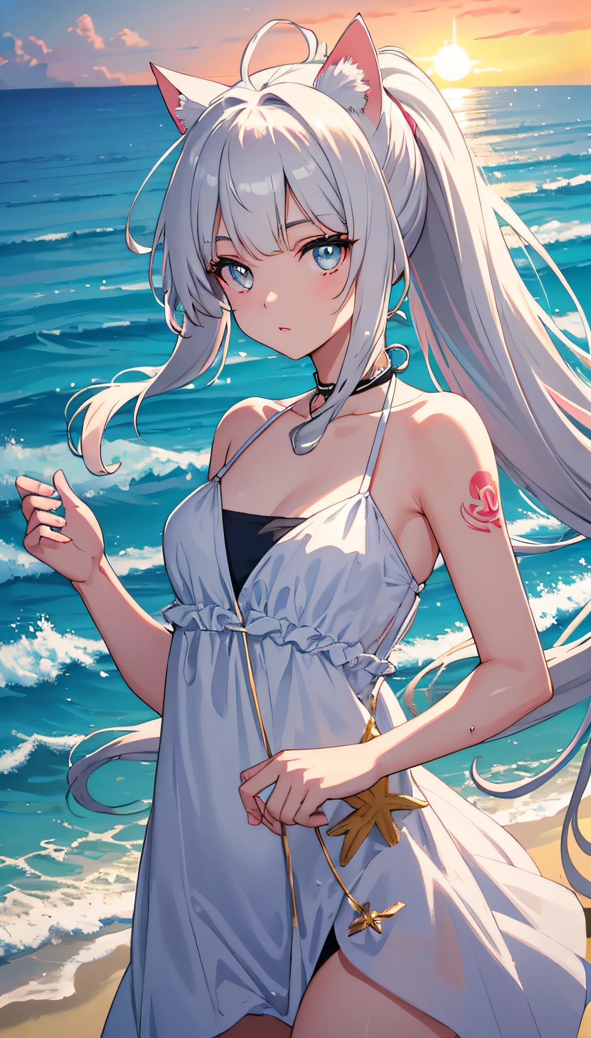 4k,8k,(masterpiece), (best quality), (super detailed), (disheveled hair), (illustration), (cat-eared girl), standing, fashion model, looking at the viewer, (interview), (beautiful beach background of sunset), finely beautiful eyes, delicate beautiful face, floating, (high saturation), (colorful splash), colorful bubble, (shine), focus on face, ponytail, variety bright hair color,Ayaka Kamisato,Silver hair,Bangs,Hair ring,(sparkling),Best lighting,Best shadow,Swimsuit,Bikini,Small,Tattoo