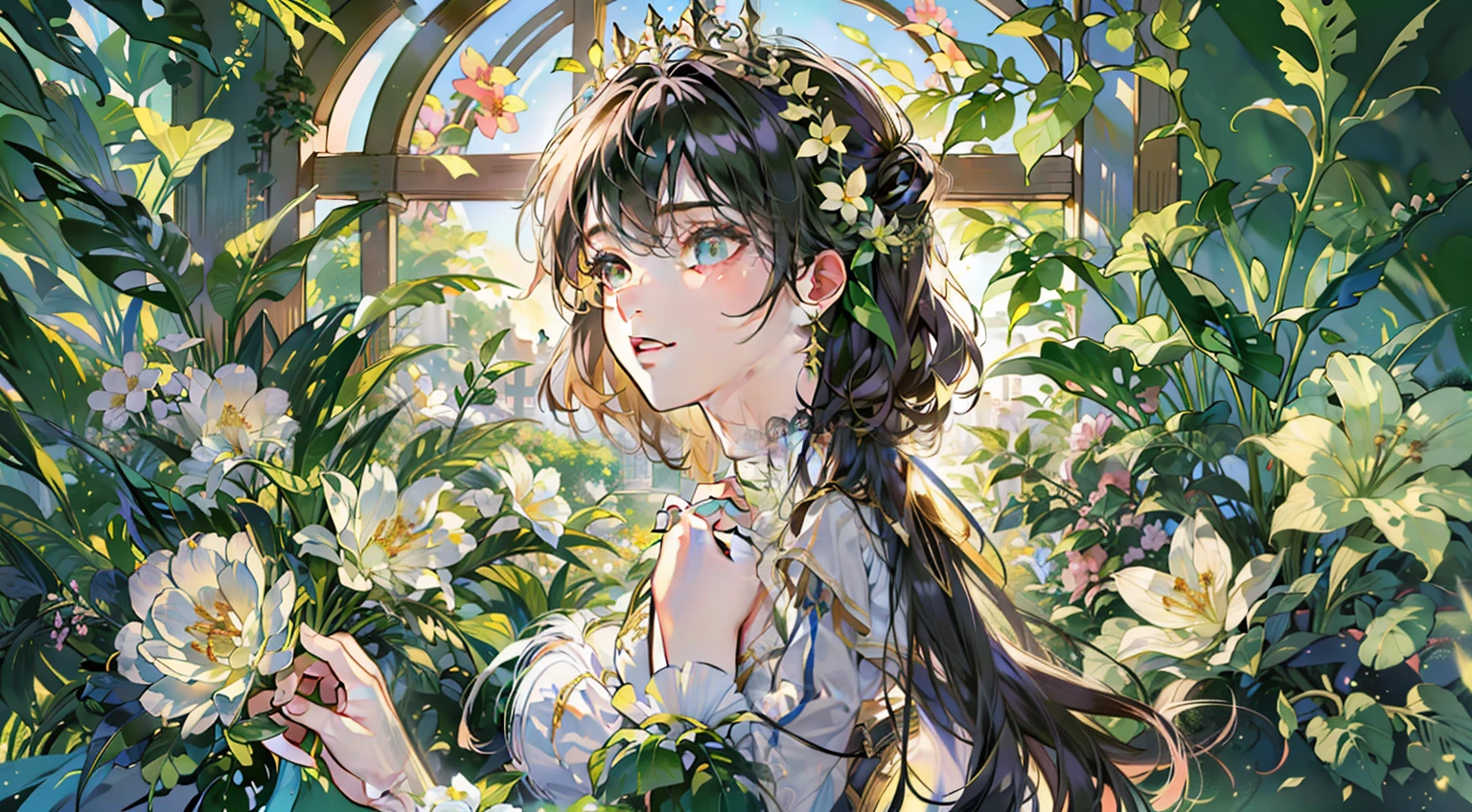 (extremely detailed CG unity 8k wallpaper, masterpiece, best quality, ultra-detailed), (best illumination, best shadow, an extremely delicate and beautiful), flower garden, lush greenery, sunlight streaming through, depth of field, warm and inviting ambiance.
