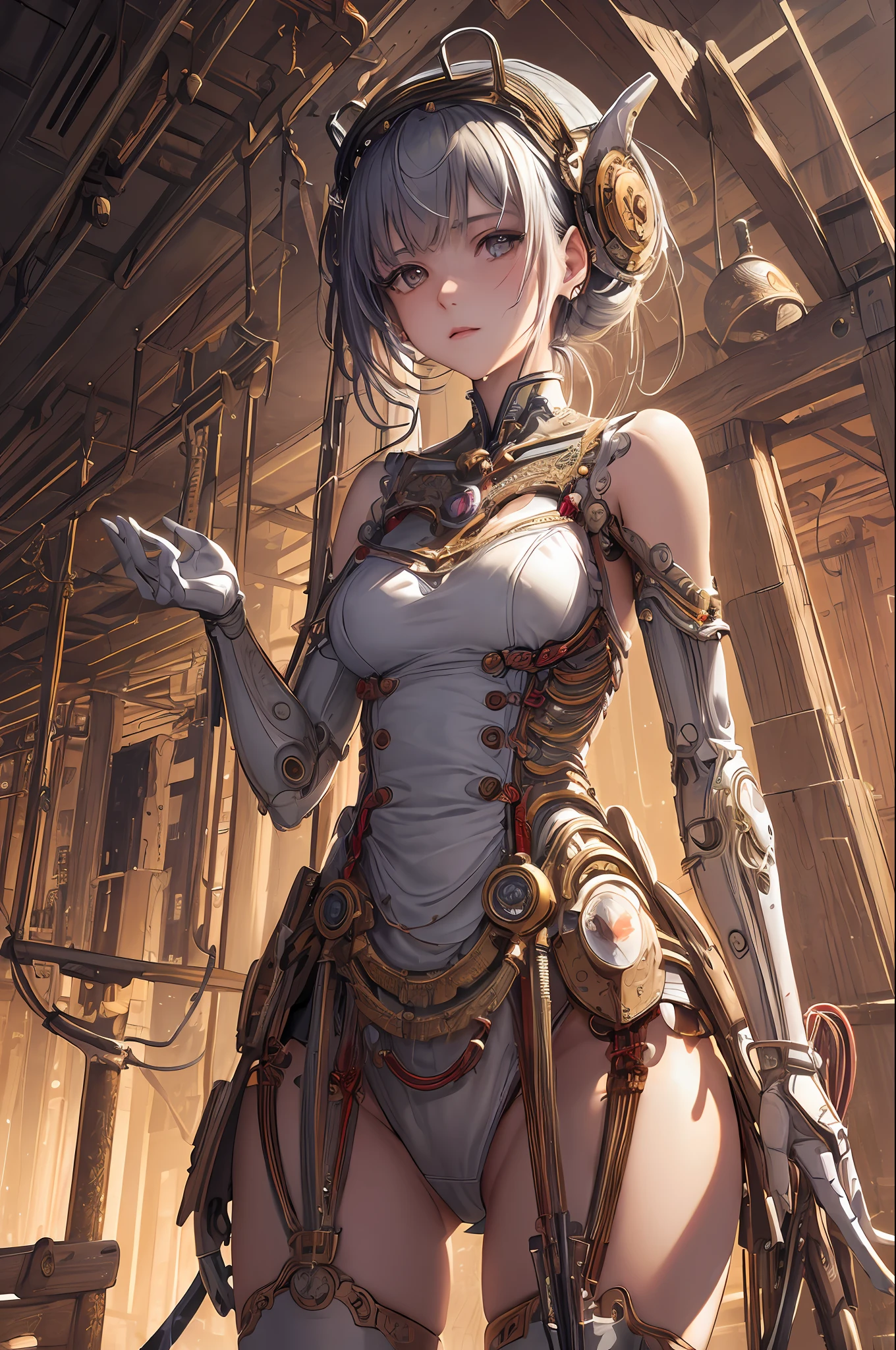 (((masterpiece))), (((best quality))), ((ultra-detailed)), (highly detailed CG illustration), ((an extremely delicate and beautiful)),cinematic light,((1mechanical girl)),solo,(cowboy shot:1.2),(machine made joints:1.2),((machanical limbs)),(blood vessels connected to tubes),(mechanical vertebra attaching to back),((mechanical cervial attaching to neck)),expressionless,(wires and cables attaching to neck:1.2),(wires and cables on head:1.2),(character focus),science fiction,extreme detailed,colorful,highest detailed, loongs,fengs,background,
