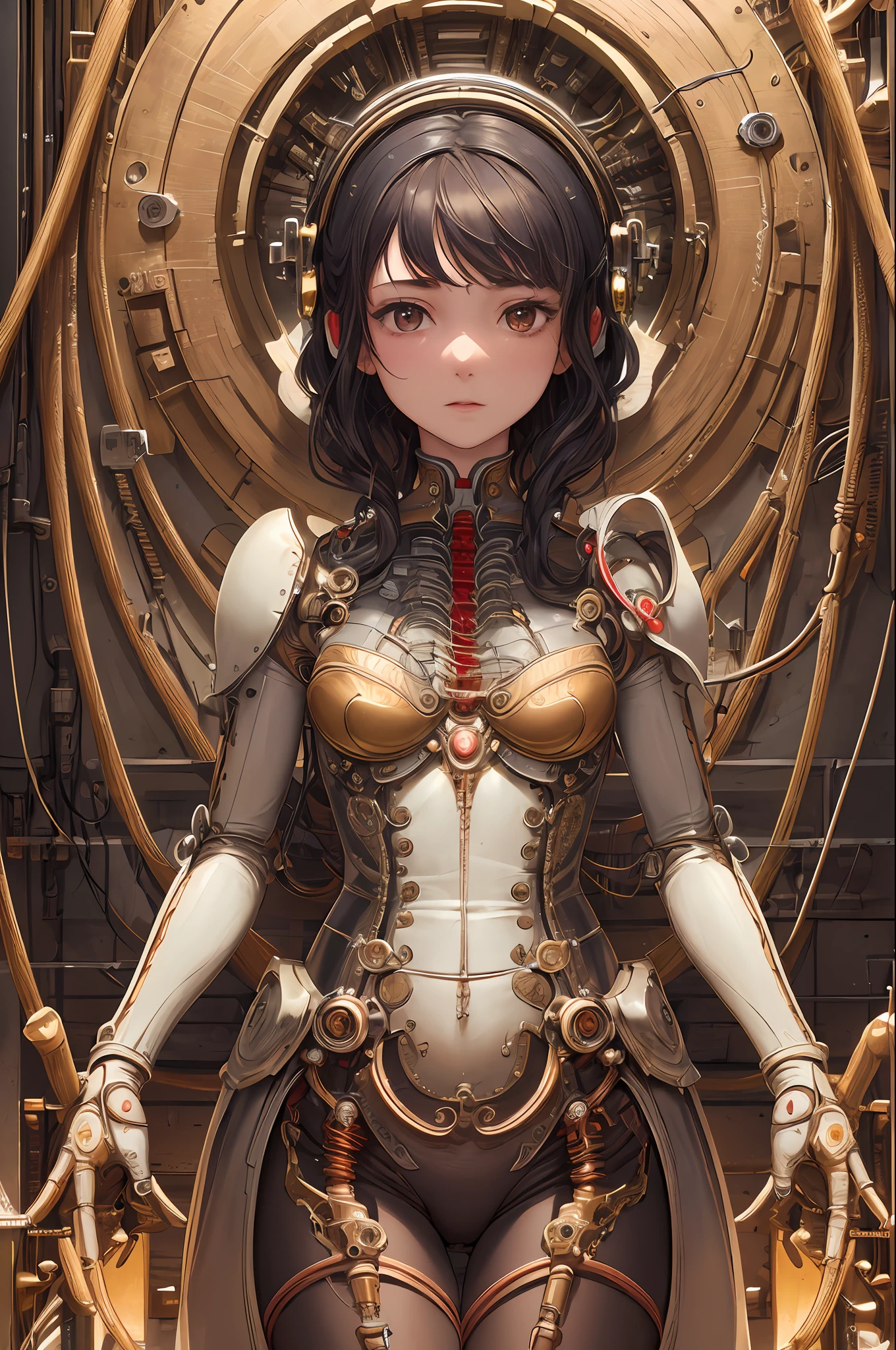 (((masterpiece))), (((best quality))), ((ultra-detailed)), (highly detailed CG illustration), ((an extremely delicate and beautiful)),cinematic light,((1mechanical girl)),solo,(cowboy shot:1.2),(machine made joints:1.2),((machanical limbs)),(blood vessels connected to tubes),(mechanical vertebra attaching to back),((mechanical cervial attaching to neck)),expressionless,(wires and cables attaching to neck:1.2),(wires and cables on head:1.2),(character focus),science fiction,extreme detailed,colorful,highest detailed, loongs,fengs,background,