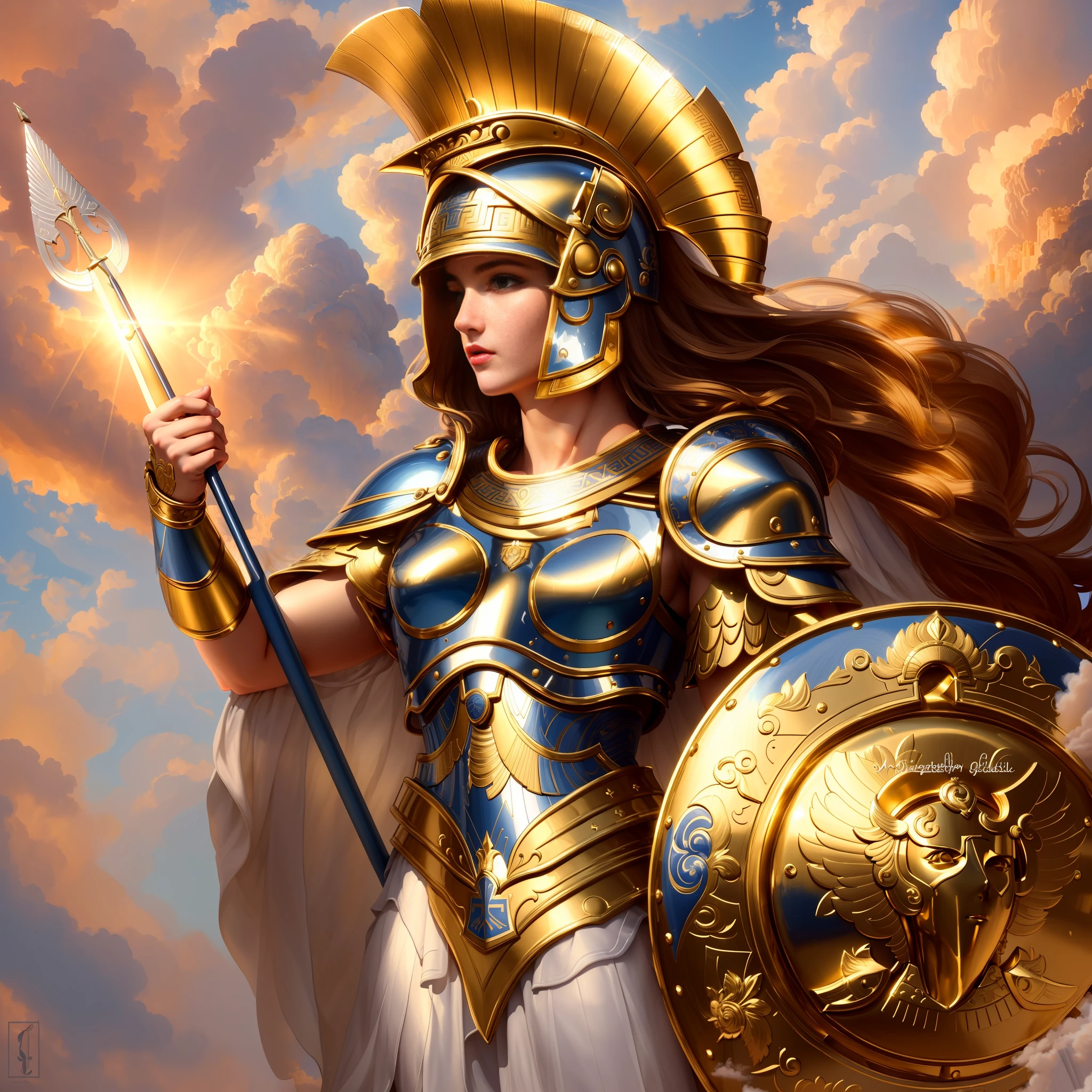 ((masterpiece)), anatomically correct, super detail, high details, ((high quality)), award winning, ((best quality)), ((highres)). A very beautiful Greek Goddess Athena wearing Greek-style light armor and a helmet, holding her shield and her spear. Over the clouds and a beautiful sky in the background. (Religious and inspiring atmosphere).