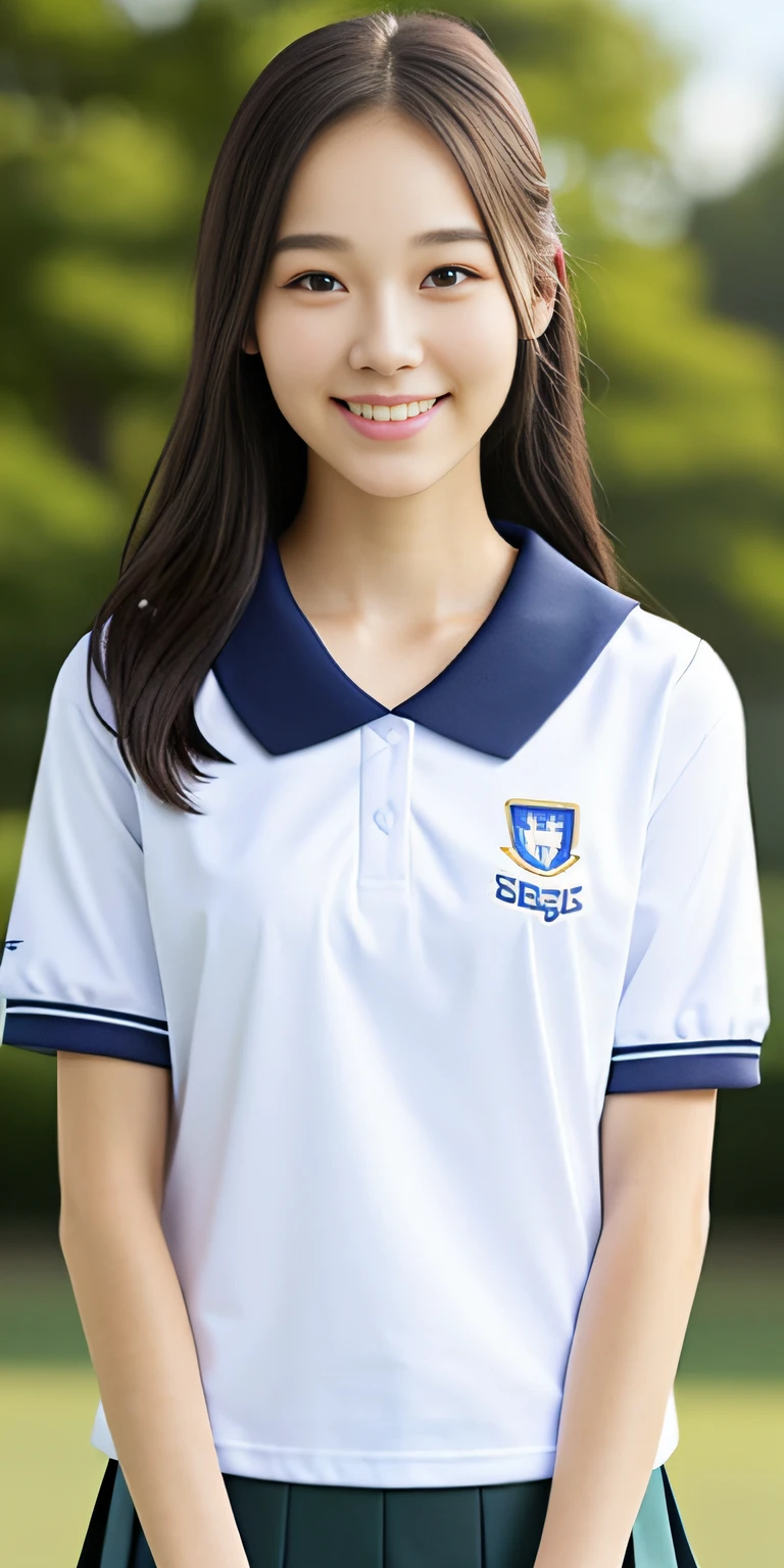 neat college girl, petite person, (school uniform, summer clothes, short sleeves, shirt), outside the athletic field, (slim), photorealistic, detail, skin texture, ultra detail, delicate and sexy collarbone, smile, ultra detailed face, detailed lips, detailed eyes, double eyelids