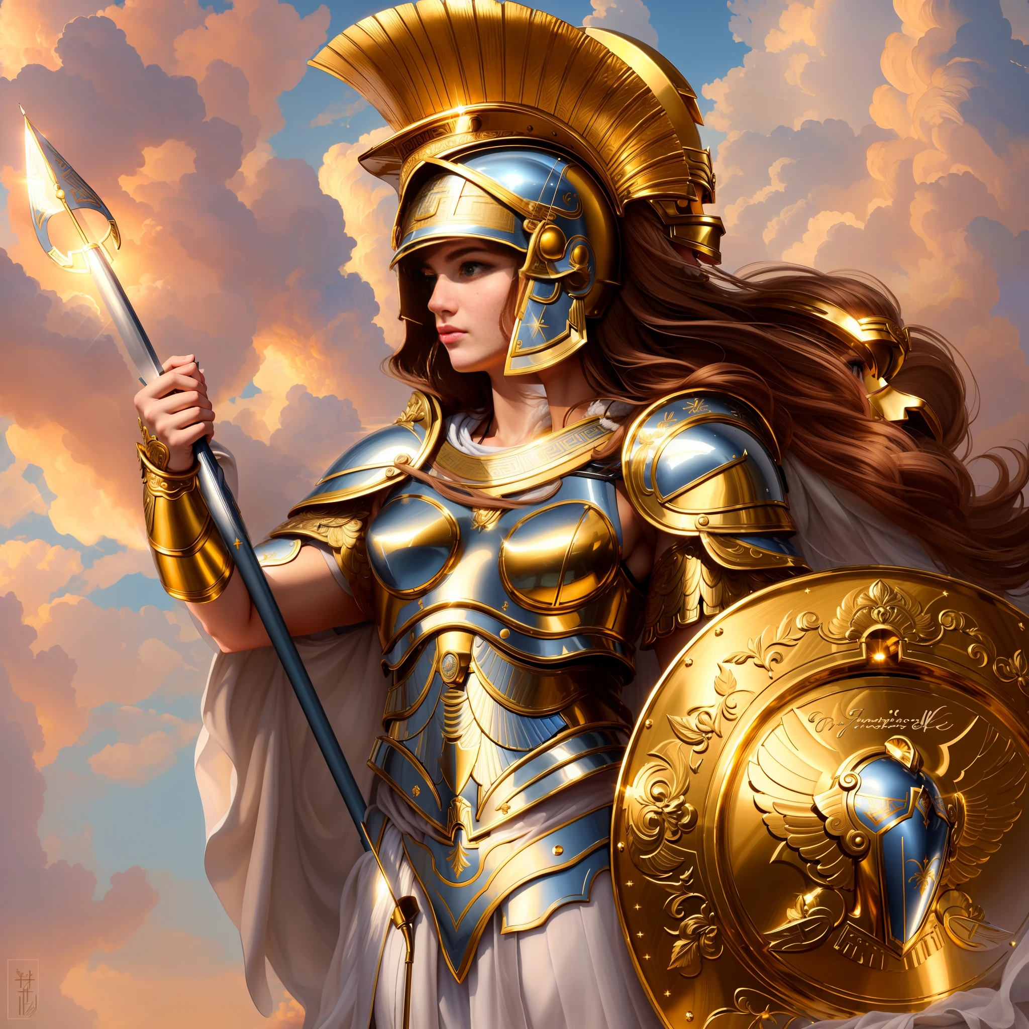 ((masterpiece)), anatomically correct, super detail, high details, ((high quality)), award winning, ((best quality)), ((highres)). A very beautiful Greek Goddess Athena wearing Greek-style light armor and a helmet, holding her shield and her spear. Over the clouds and a beautiful sky in the background. (Religious and inspiring atmosphere).
