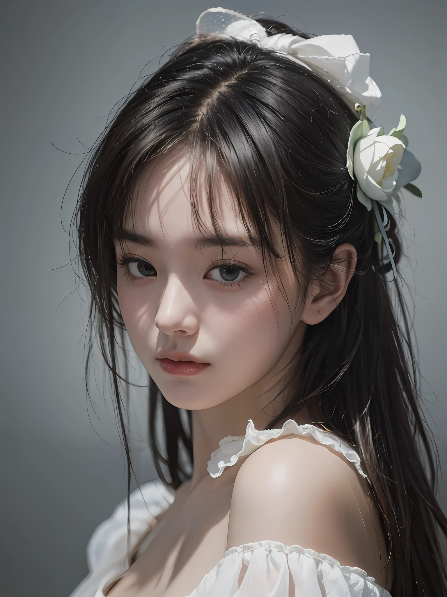 Best quality, masterpiece, ultra high res, (photorealistic:1.4), raw photo, 1girl, offshoulder, in the dark, deep shadow, low key, cold light