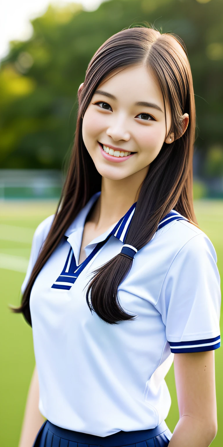 neat college girl, petite, (school uniform, summer clothes, short sleeves), outside the athletic field, (slim), photorealistic, detail, skin texture, ultra detail, delicate and sexy collarbone, smile, super detailed face, detailed lips, detailed eyes, double eyelids