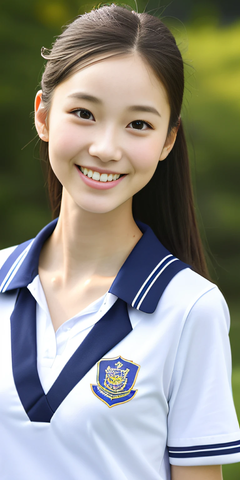 neat college girl, petite, (school uniform, summer clothes, short sleeves), outside the athletic field, (slim), photorealistic, detail, skin texture, ultra detail, delicate and sexy collarbone, smile, super detailed face, detailed lips, detailed eyes, double eyelids
