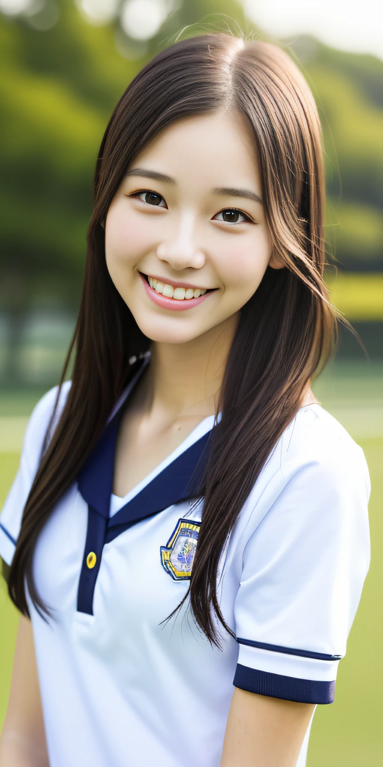 neat college girl, ite, (school uniform, summer clothes, short sleeves), outside the athletic field, (slim), photorealistic, detail, skin texture, ultra detail, delicate and sexy collarbone, smile, super detailed face, detailed lips, detailed eyes, double eyelids