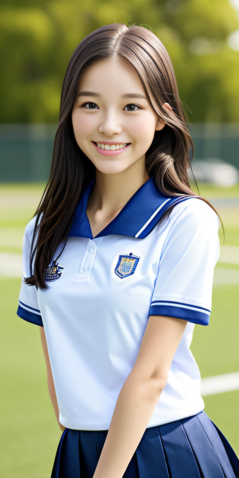 neat college girl, petite, (school uniform, summer clothes, short sleeves), outside the athletic field, (slim), photorealistic, detail, skin texture, ultra detail, delicate and sexy collarbone, smile, super detailed face, detailed lips, detailed eyes, double eyelids