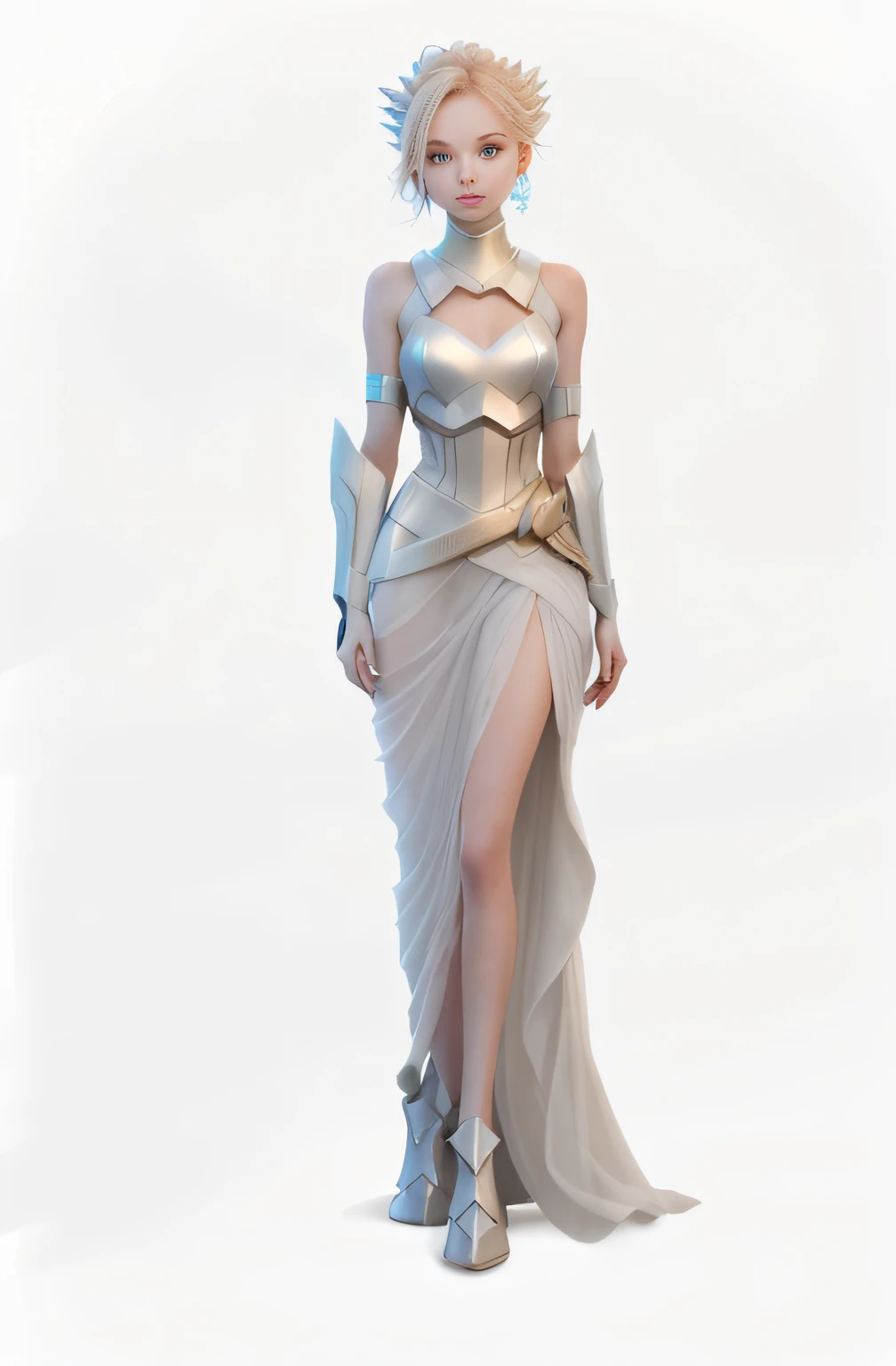 There are no wrinkles on the clothes，Kevlar material,futuristic clothes, supernova dress, bare arms, bare palms, sleeveless shirt, full body, 1 girl, space opera-style costume, pale skin, sci-fi minimalist evening dress, white plastic, diffuse light, fantasy, no helmet, absurd, dune, quality, (masterpiece: 1.4), super detailed, 1 girl, stand up, 2023 fashion, supernova dress, there is a hollow in the middle of the dress, Hollow with light tulle, shiny light bar on clothes, bare arms, bare palms, sleeveless shirt, full body, 1 girl, in space opera-style costume, pale skin, simple evening dress with sci-fi feel, white plastic, diffuse lighting, sacred goddess, fantasy, no helmet, absurd, dune, mass, (masterpiece: 1.4), super detailed, 1 girl, stand up, 2023 fashion,