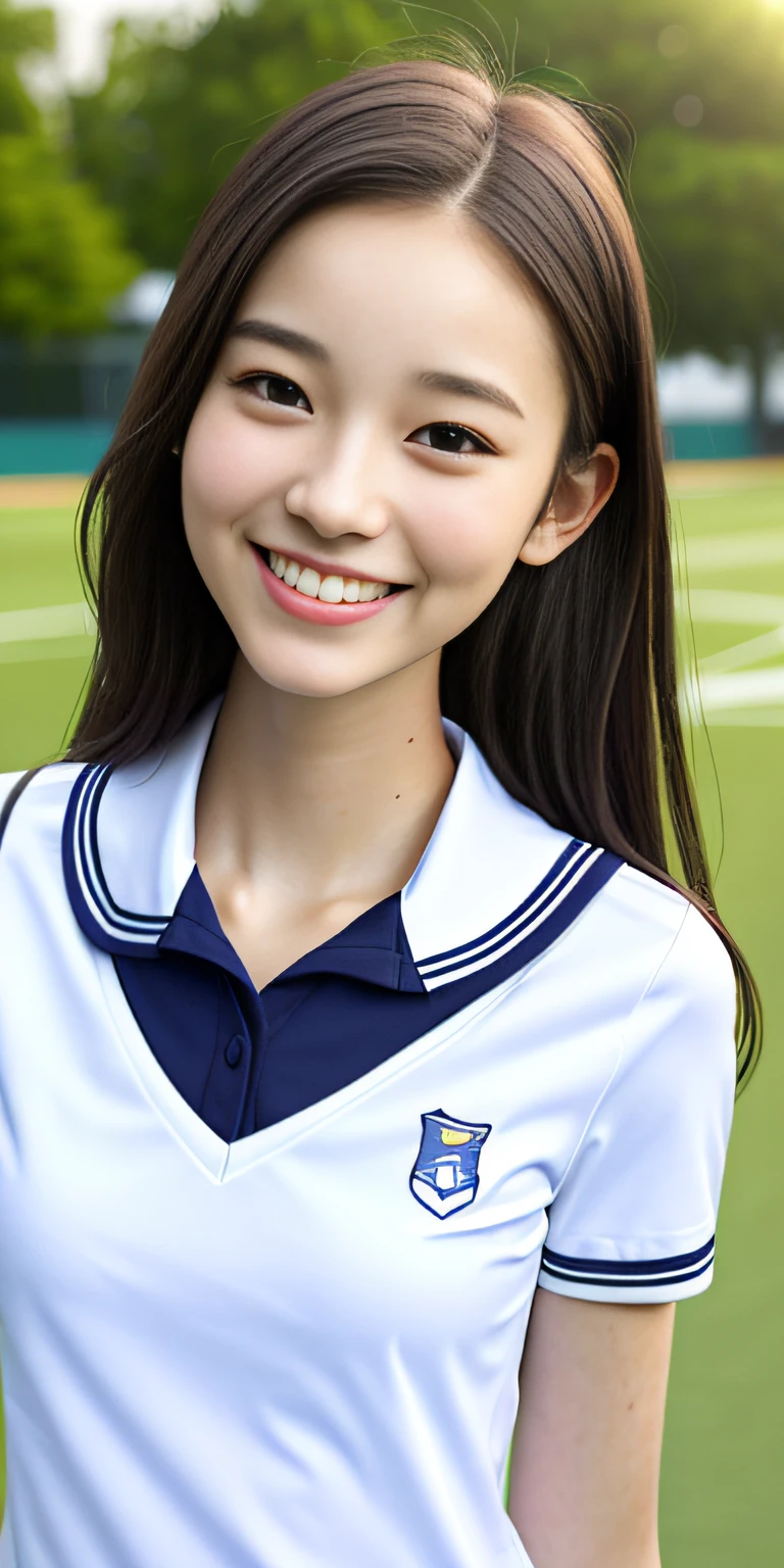 neat college girl, petite, (school uniform, summer clothes, short sleeves), outside the athletic field, (slim), photorealistic, detail, skin texture, ultra detail, delicate and sexy collarbone, smile, super detailed face, detailed lips, detailed eyes, double eyelids