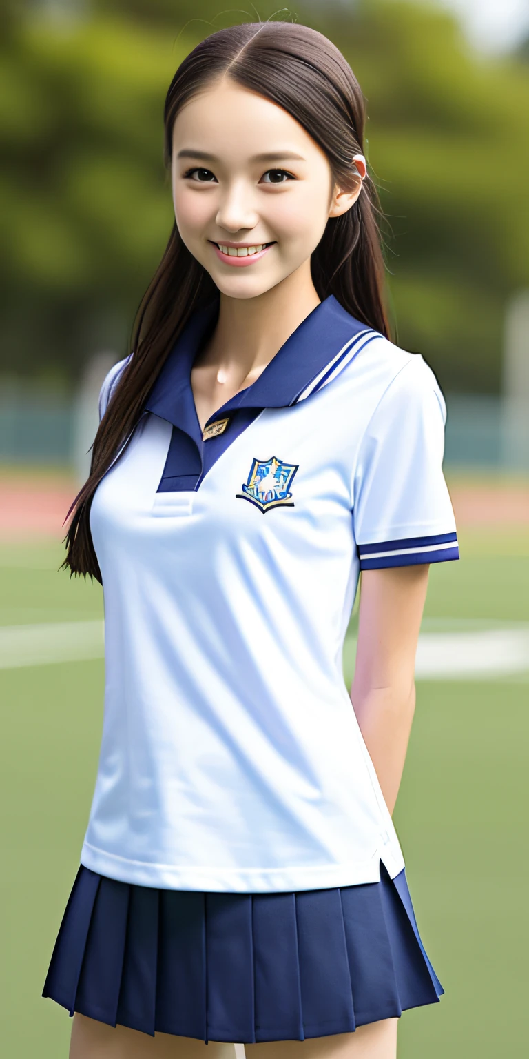 neat college girl, petite, (school uniform, summer clothes, short sleeves), outside the athletic field, (slim), photorealistic, detail, skin texture, ultra detail, delicate and sexy collarbone, smile, super detailed face, detailed lips, detailed eyes, double eyelids