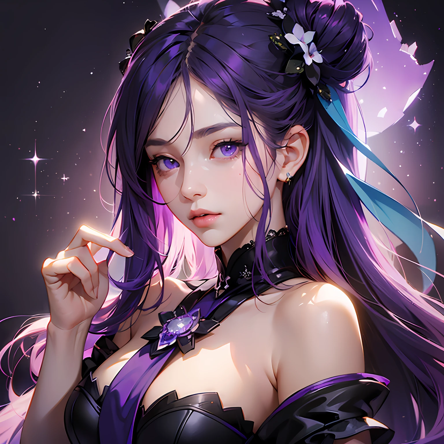 ((Masterpiece)), ((High Detail)), 1girl, ((Ultra Detail)), ((Delicate Face)), Beautiful Delicate Eyes, Gradient Hair, Hair Between Eyes, GSHead, 1girl, solo, Deep Purple Hair, Purple Eyes, genshin_impact, black_background, Look at the audience --auto --s2