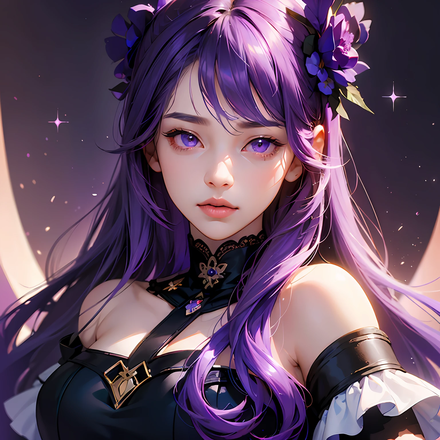((Masterpiece)), ((High Detail)), 1girl, ((Ultra Detail)), ((Delicate Face)), Beautiful Delicate Eyes, Gradient Hair, Hair Between Eyes, GSHead, 1girl, solo, Deep Purple Hair, Purple Eyes, genshin_impact, black_background, Look at the audience --auto --s2