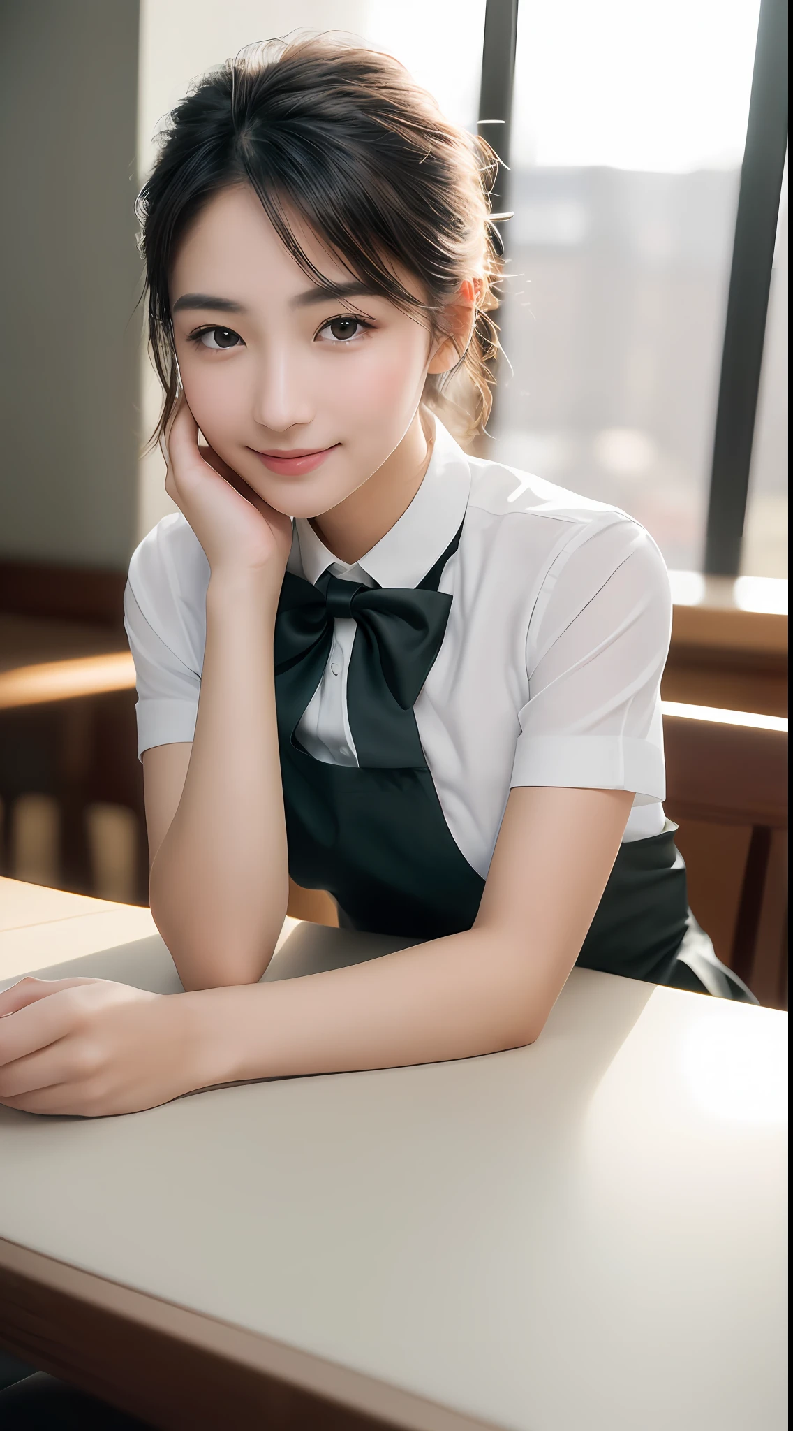 Highly detailed full body dark green apron, black bow tie, (((extreme close-up)), (pale), 18 year old perfect face girl, big breasts, girl alone, solo, (detailed face), (perfect detailed eyes: 1.1), (very detailed skin: 1.1), sliver necklace, slim, skinny, thin, skinny, skinny, handsome, waiter, perfect athletic body, white shirt, Model Shoot Style, Professional Photo, Photorealistic, Cinematic, Realistic, Sunset, Cafe Background, Real Human Skin, (Detailed Skin Pore), Highly Detailed Eyes, Detailed Skin, Skin Texture, Intricately Detailed, Fine Detail, Raw, Analog, Sharp Focus, Raw, 8K UHD, High Resolution, DSLR, High Quality, Fujifilm XT3, Award-Winning, Masterpiece, Cafe, cappuccino, landscape making latte art, (High definition skin: 1.4), (RAW photo, best quality), (Realistic, Photorealistic: 1.7), smile, cute pose, heart mark with both hands