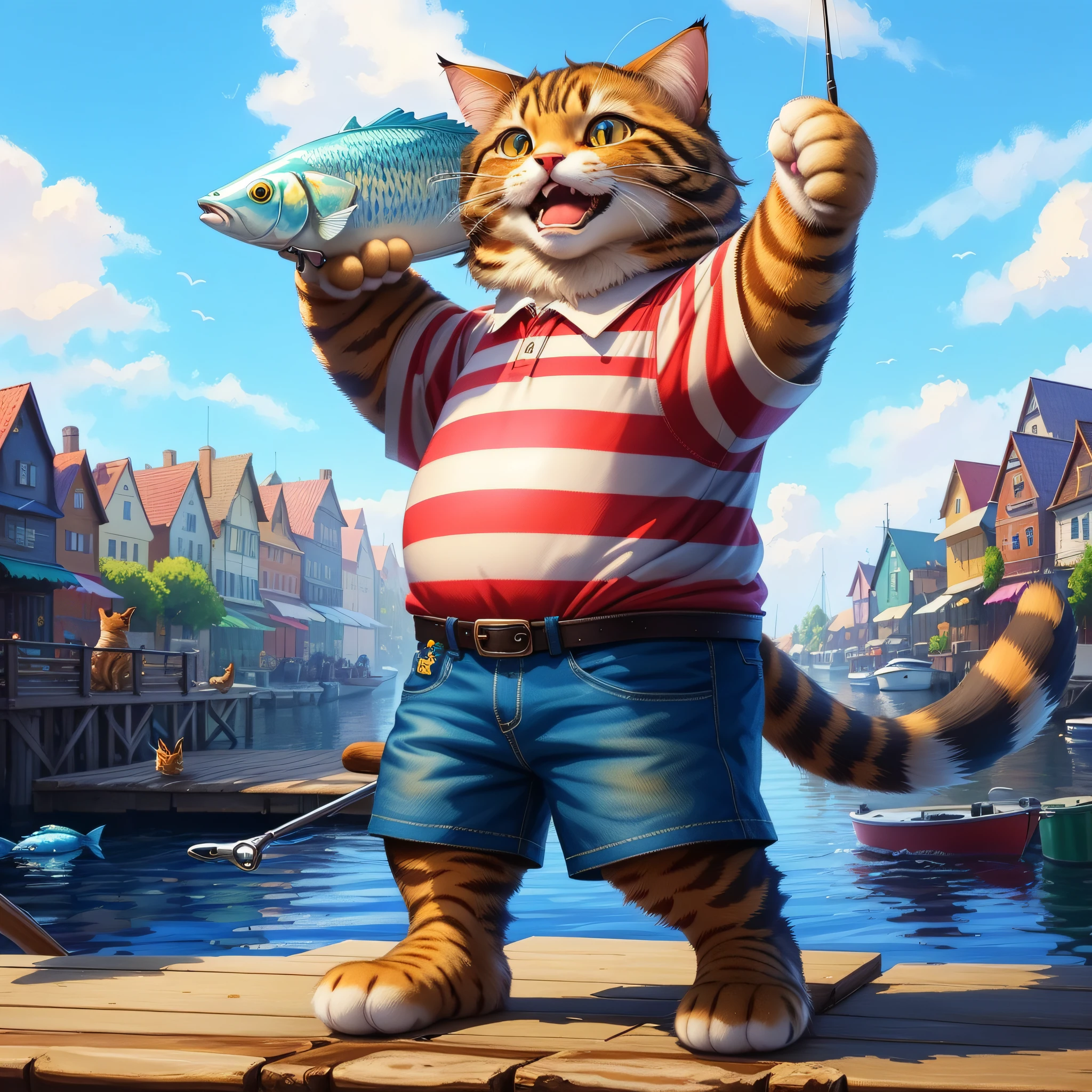 painting of a cat holding a fish on a dock with a fishing rod, anthropomorphic cat, anthropomorphic female cat, anthro cat, an anthro cat, by Igor Grabar, furry fantasy art, by Joe Jusko, mobile wallpaper, anthropomorphic furry art, fat cat superhero, amazing wallpaper, wallpaper - 1 0 2 4